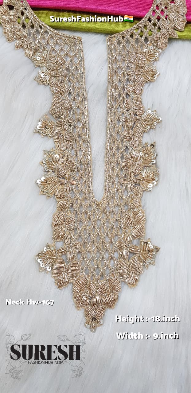 Pearl Gold Royal Handmade Zardosi Cutwork Neck – HW Neck 167