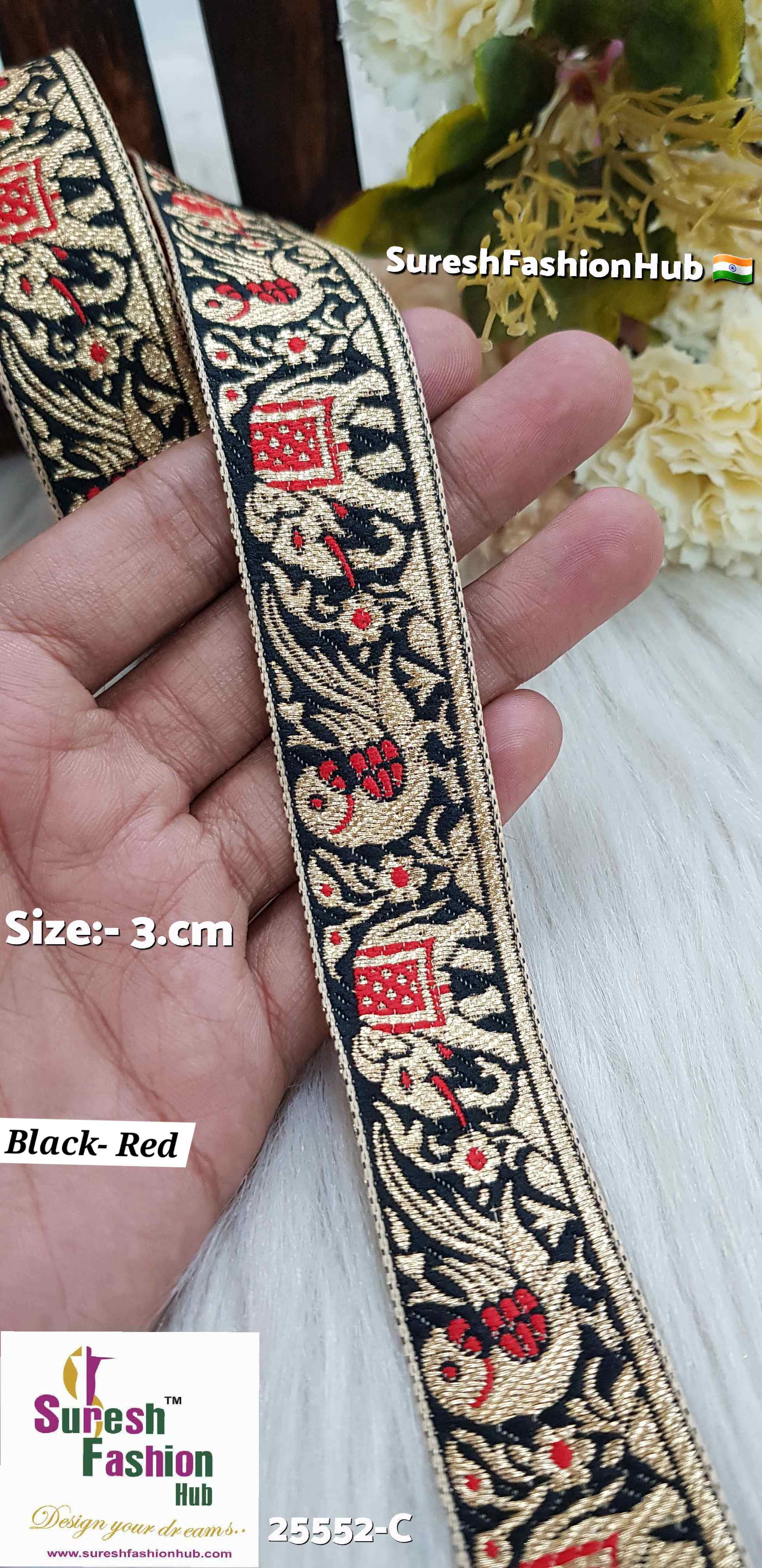 Black & Red Color Elephant Parrot Banarasi Lace