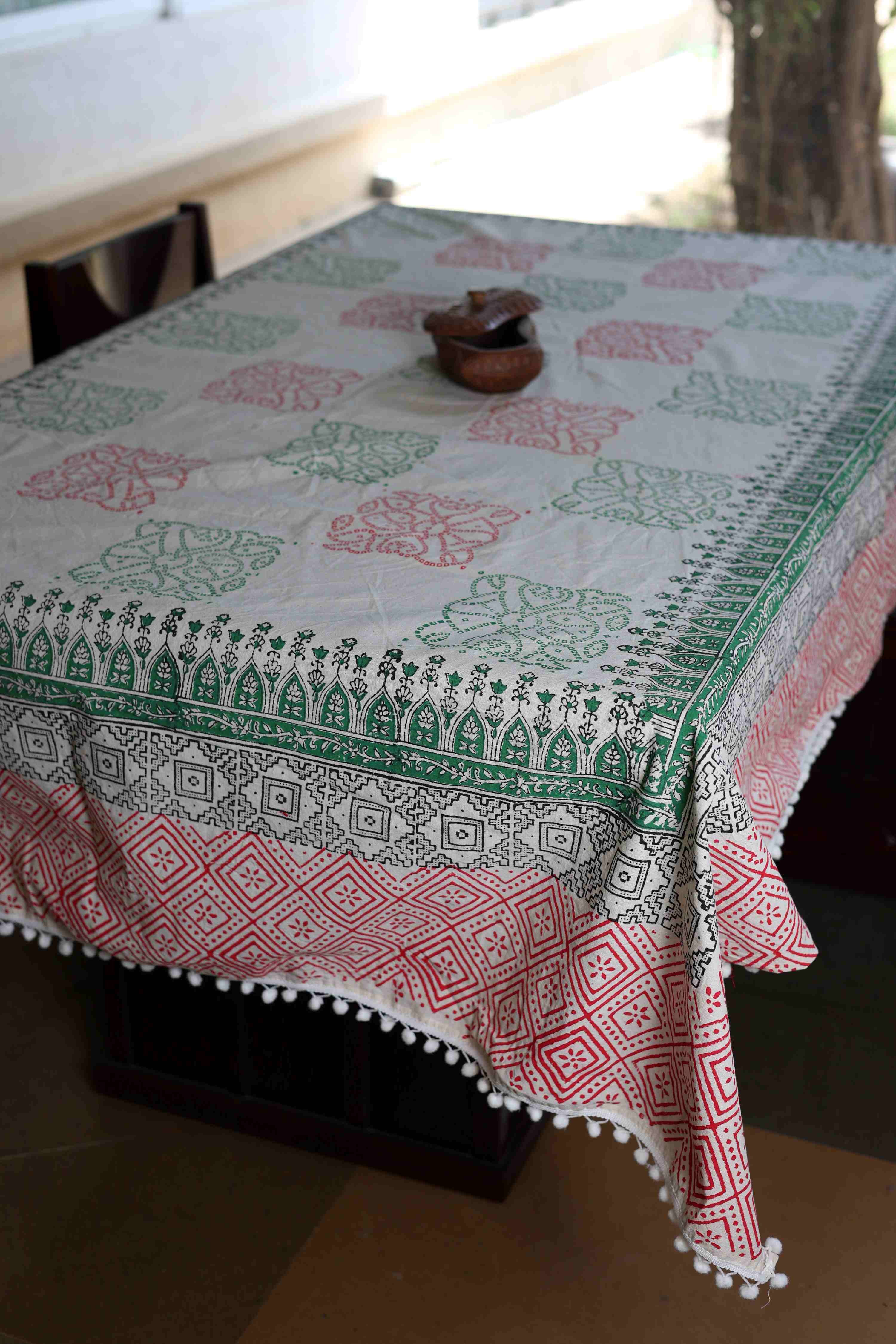 Table Covers HandBlock Printed Colourful Patterns for 6 Seater Table with Tassels 108 (Design-03)