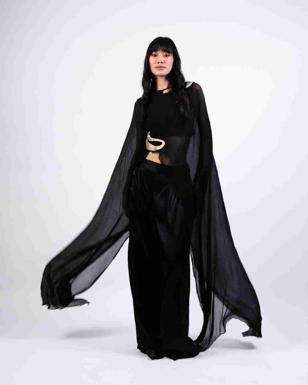 AKOK Black Silk Dupatta Cape with Trouser Co-ords