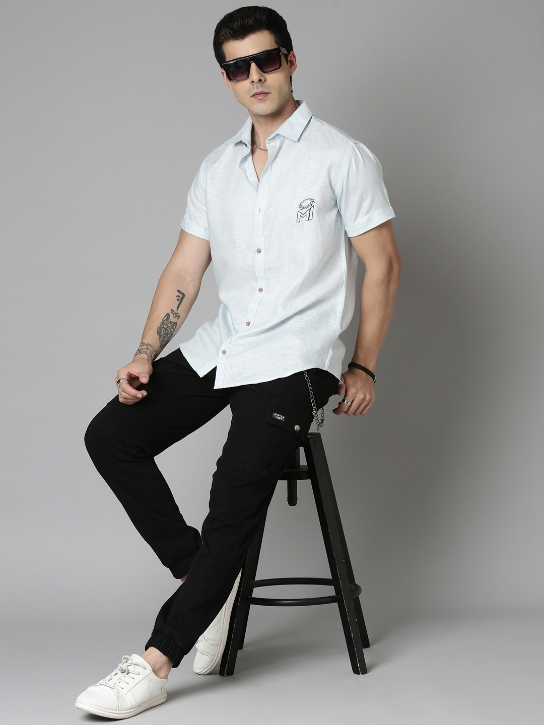 MI: Men Light Blue Back Printed Hemp Half Sleeves Shirt