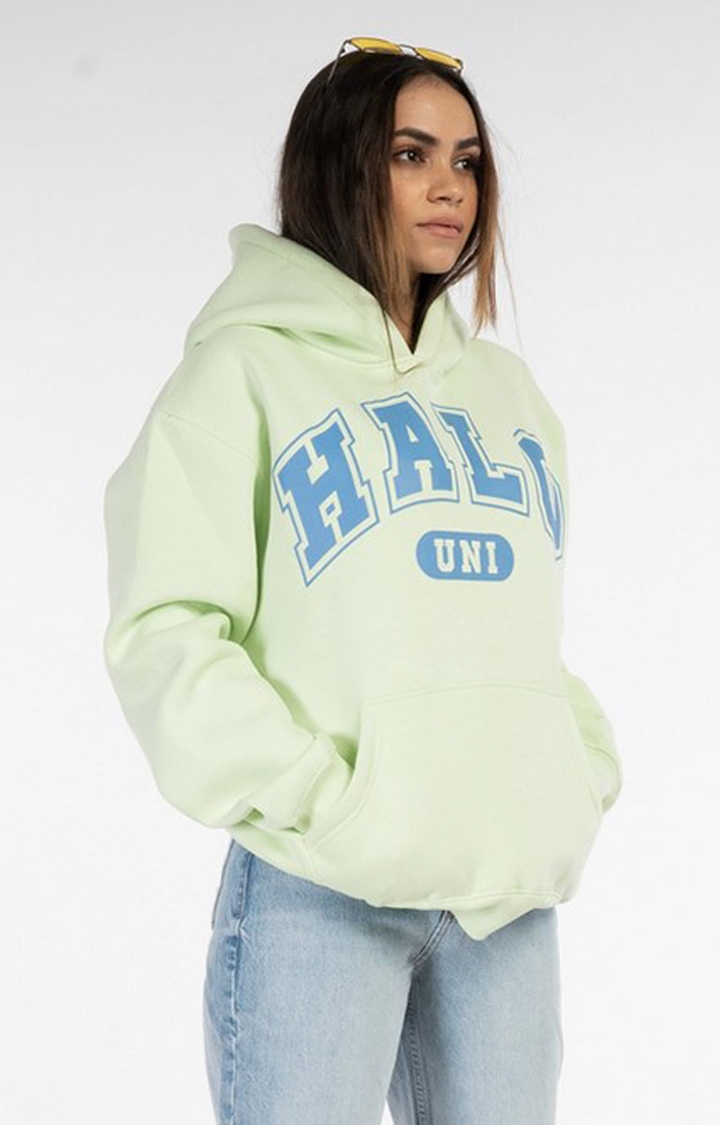 Halo Effect | Women's Green Cotton Typographic Uni Logo Hoodies