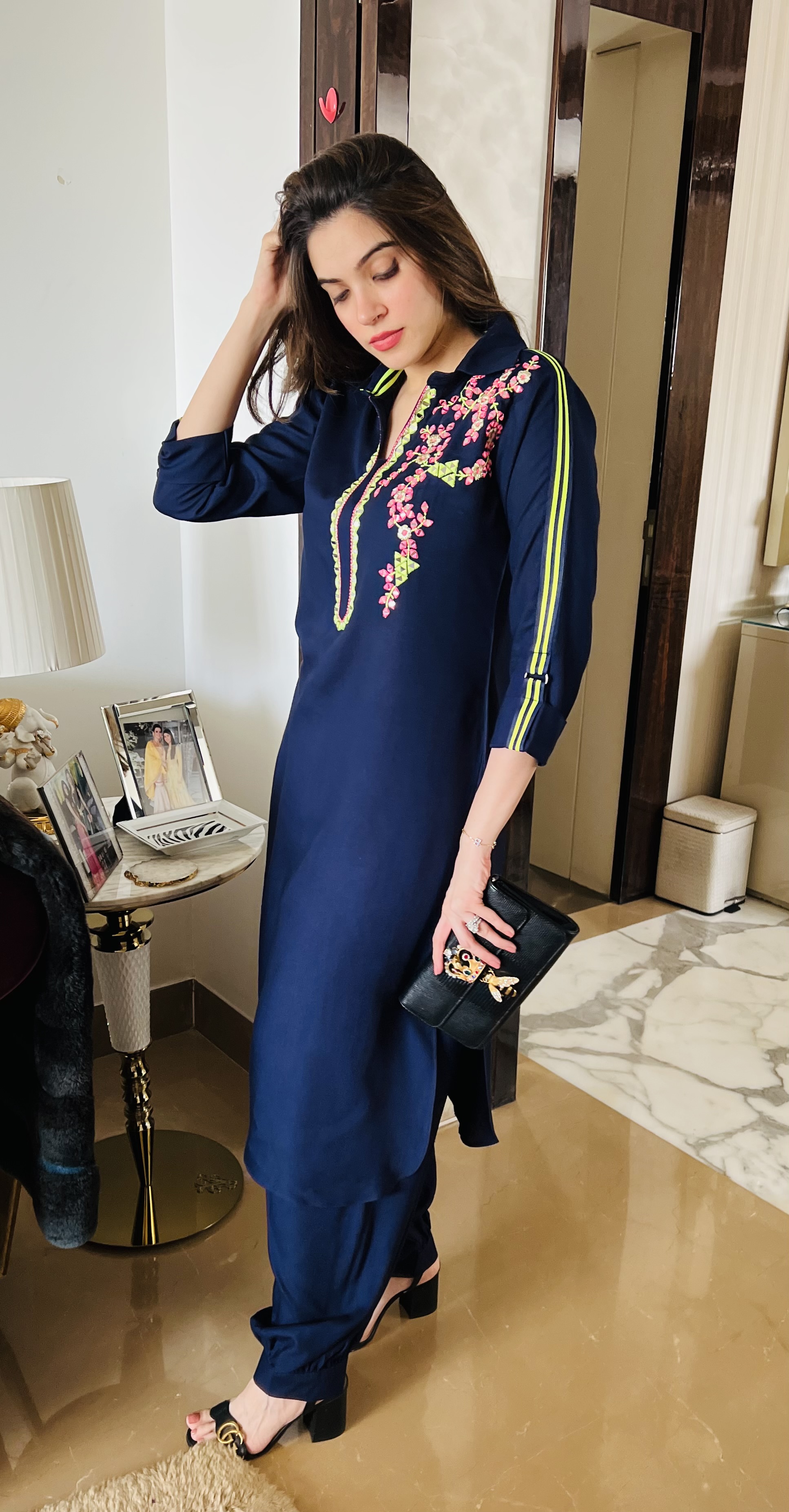 Navy blue embroidered long cord