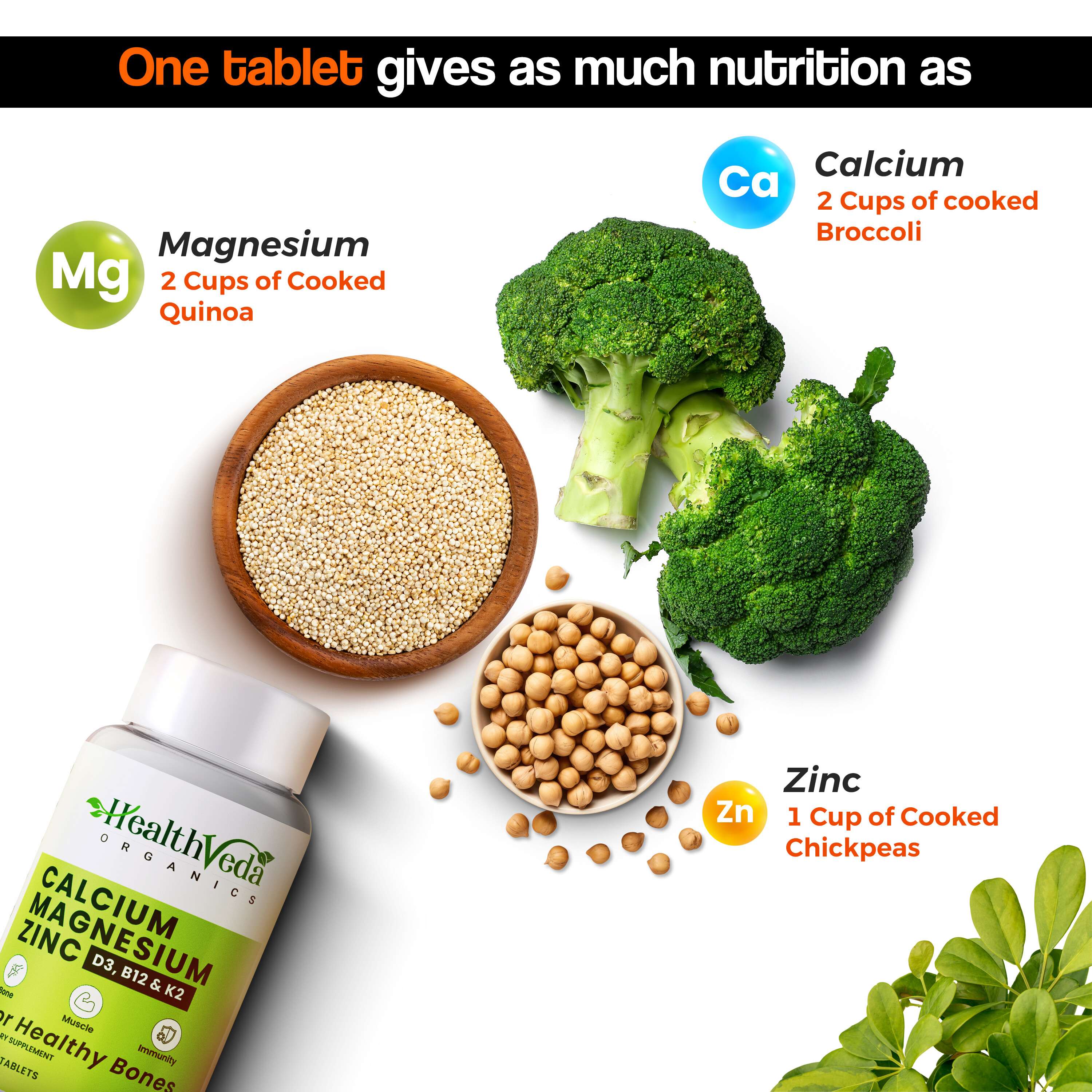 Health Veda Organics | Calcium, Magnesium, Zinc with Vitamin D3 & B12 | 60 Veg Tab