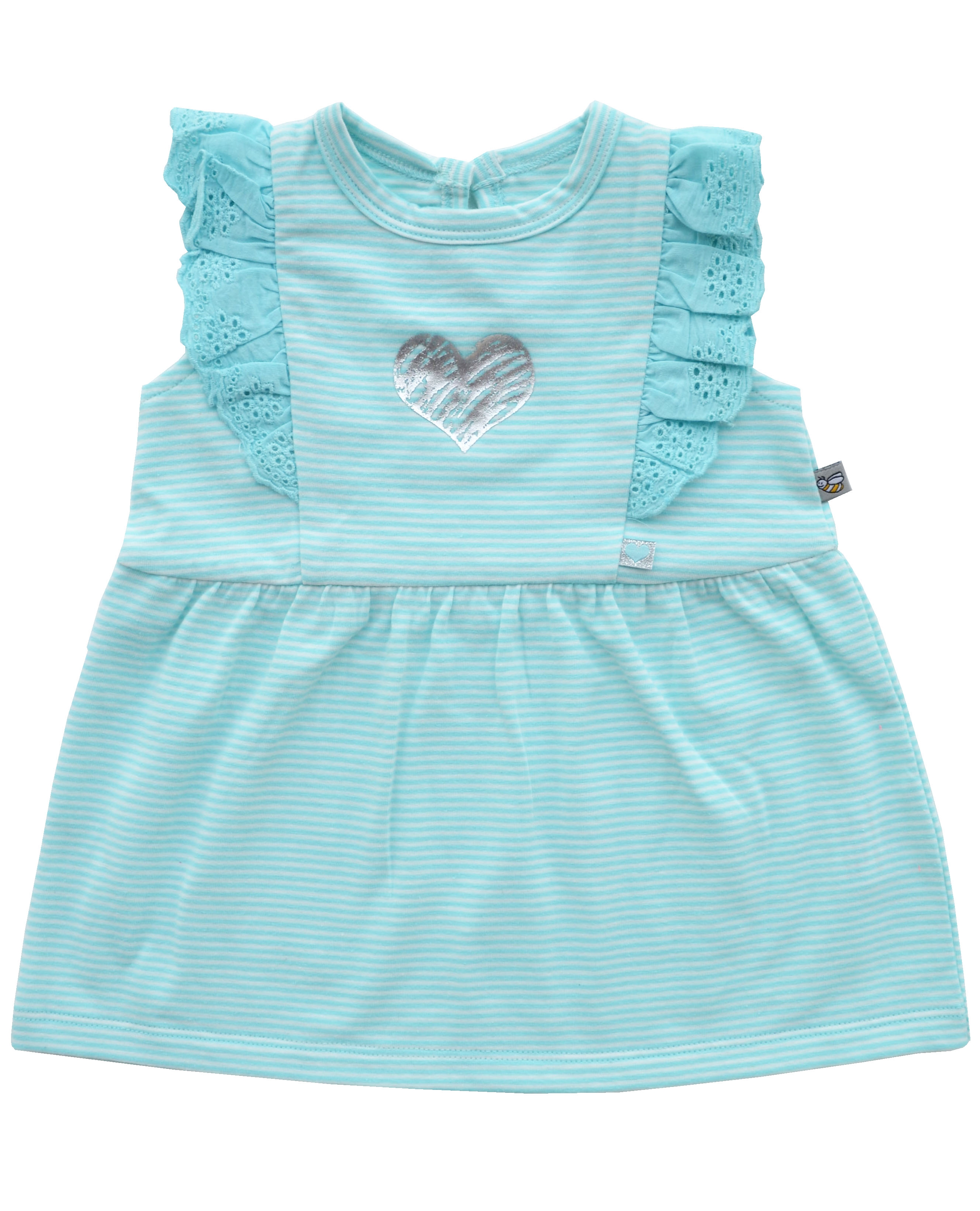 Mint Stripe Sleeveless Dress with Silver Heart Print on chest (95% Cotton 5% Elasthan Jersey)