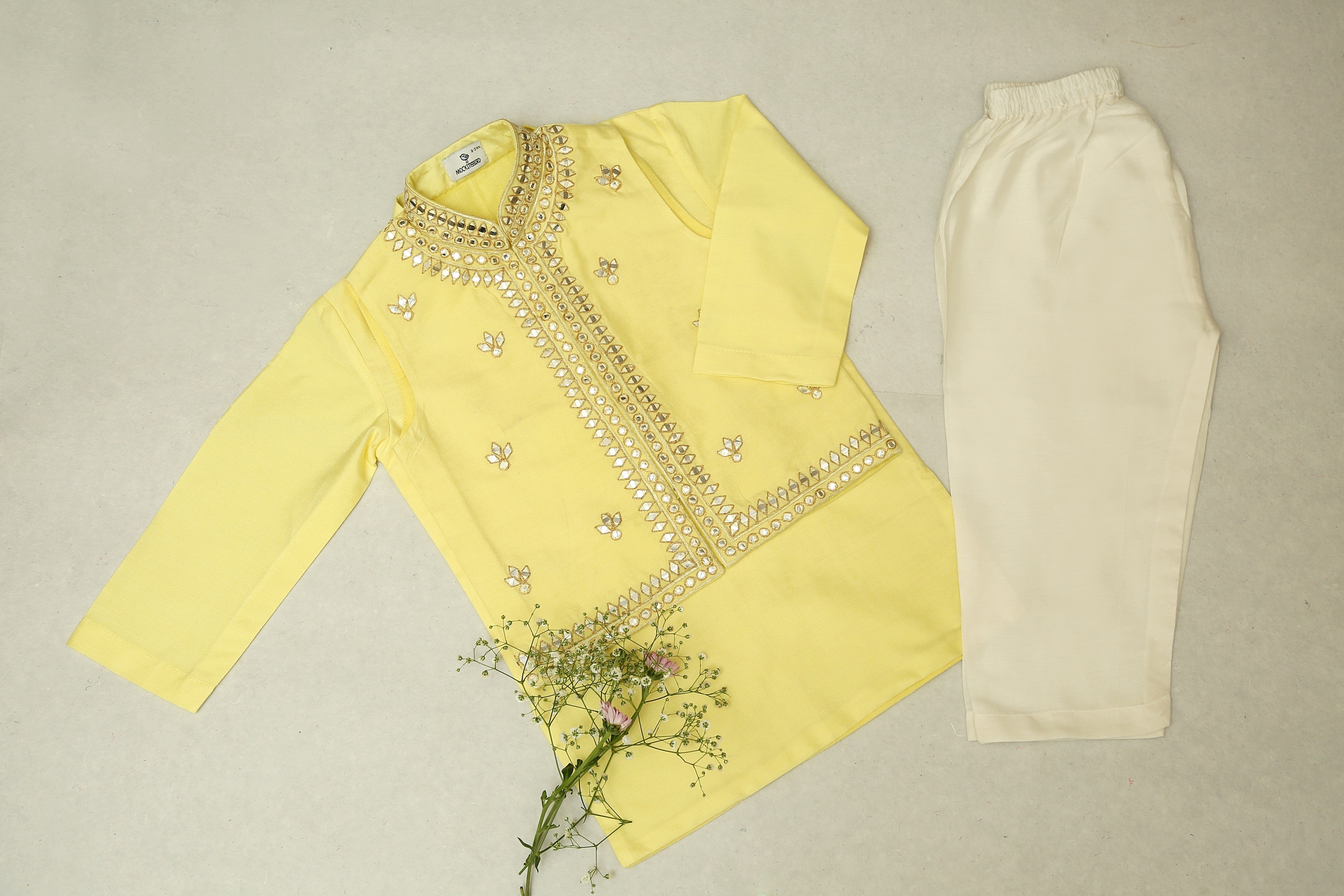 Lemon Yellow Kurta With Mirror Work & Ivory Pyjama