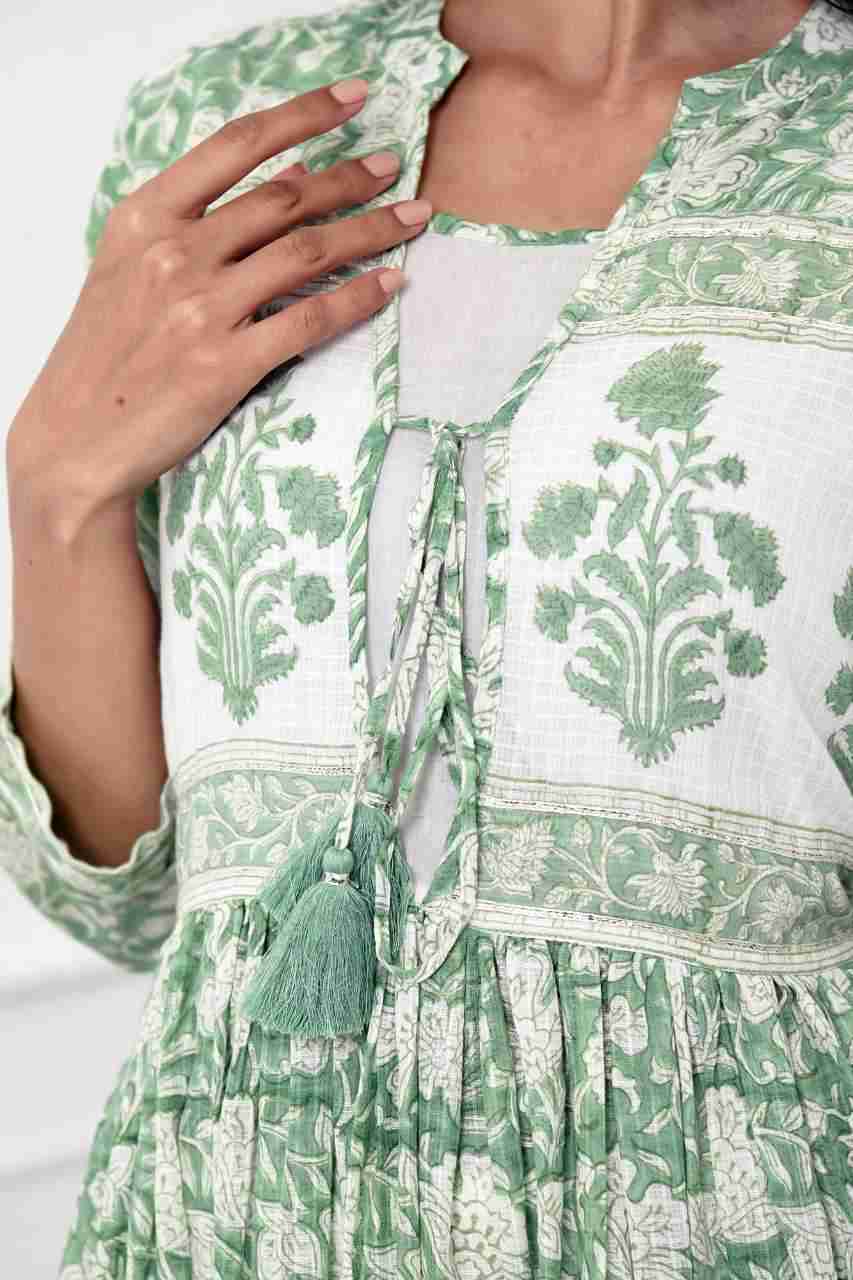 Naksh White And Light Green Printed Gathered Cotton Kota Kurta