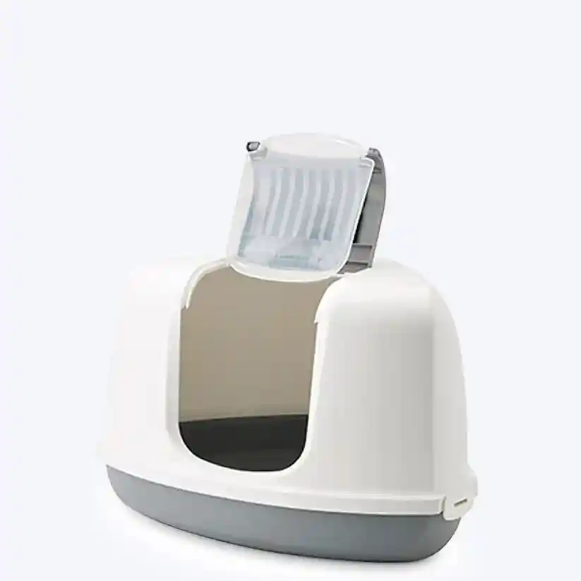 Savic Nestor Corner Cat Litter Box - White/Grey - 23 x 18 x 16 Inch