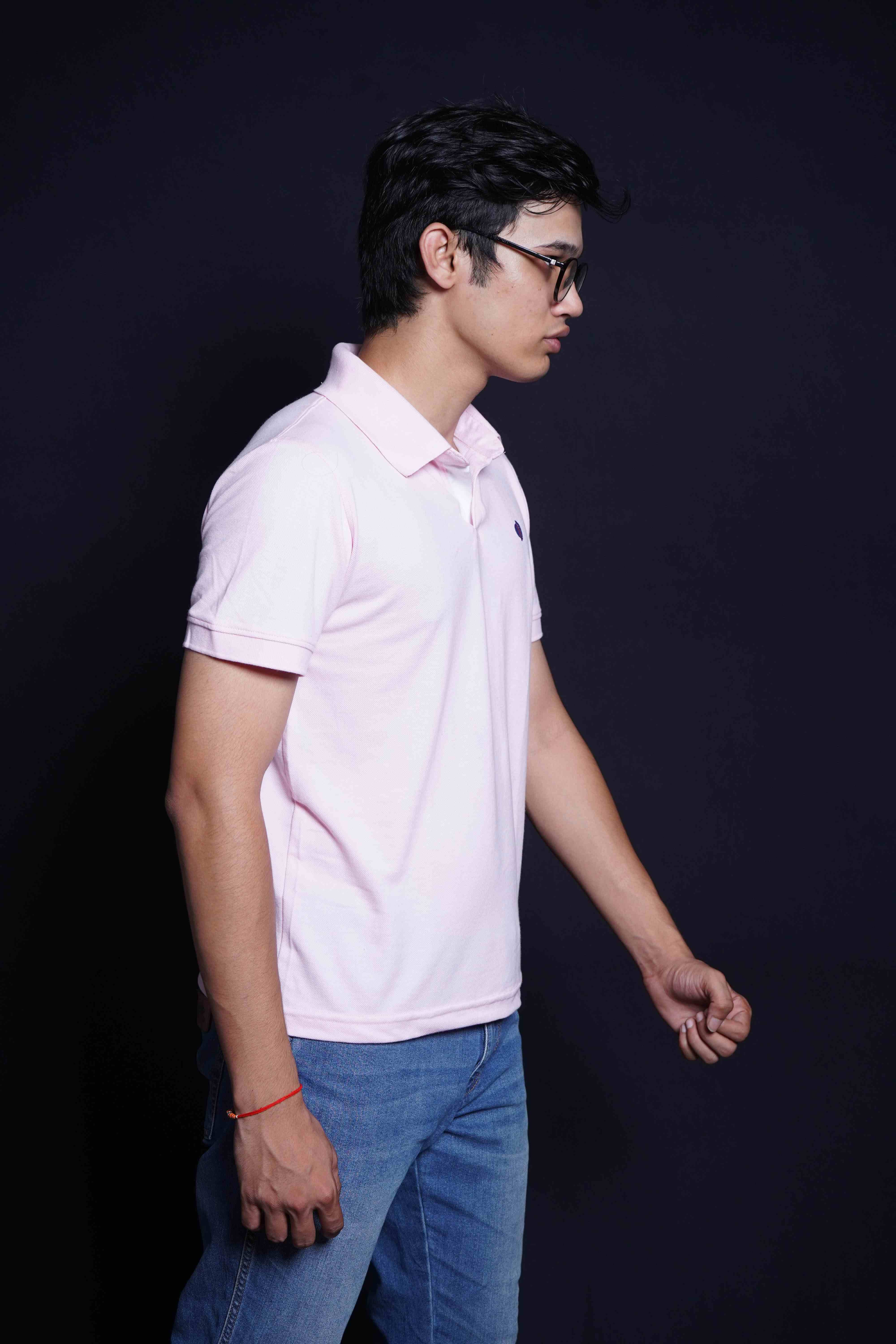 One Denim Delicate Light Pink Plain Polo Neck Cotton T-Shirt