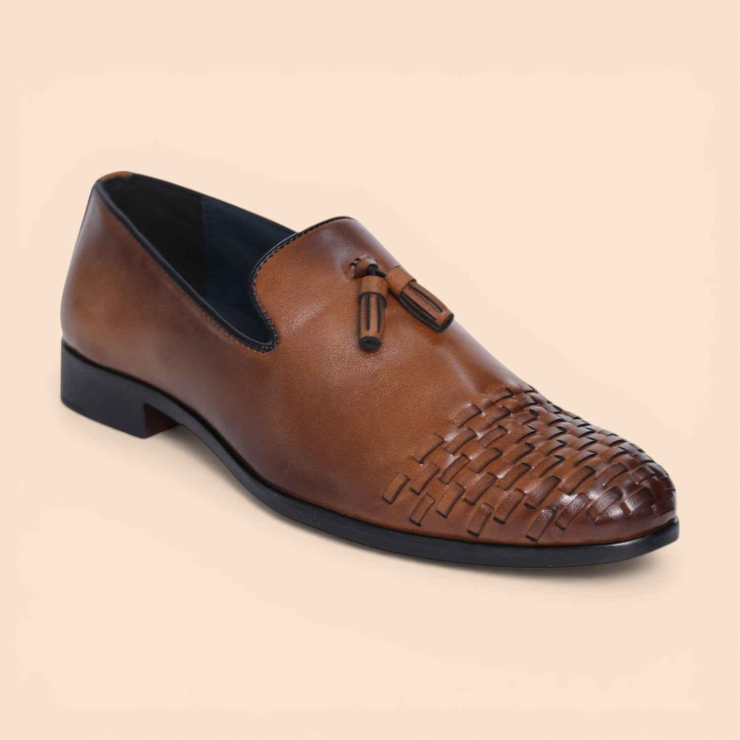 Men Tan Leather Tassel Loafers with Woven Toe Detail