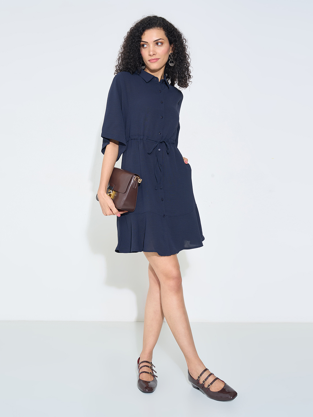 Navy Drawstring Waist Mini Shirt Dress