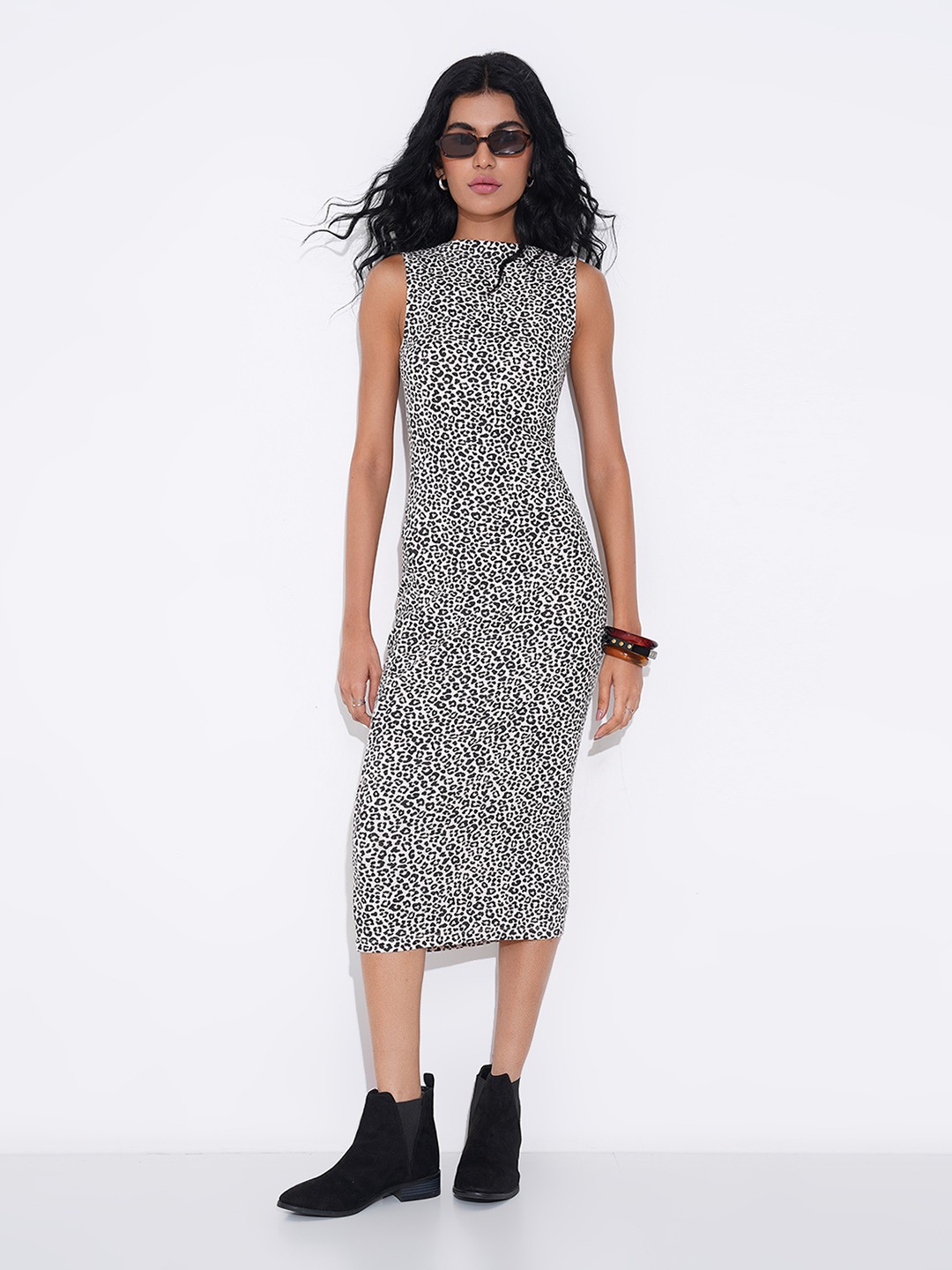 White Leopard Print Bodycon Sleeveless Midi Dress