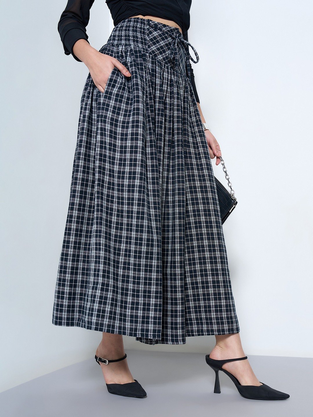 Black Yoked Check High-Waisted A-Line Midi Skirt with Tie-Up