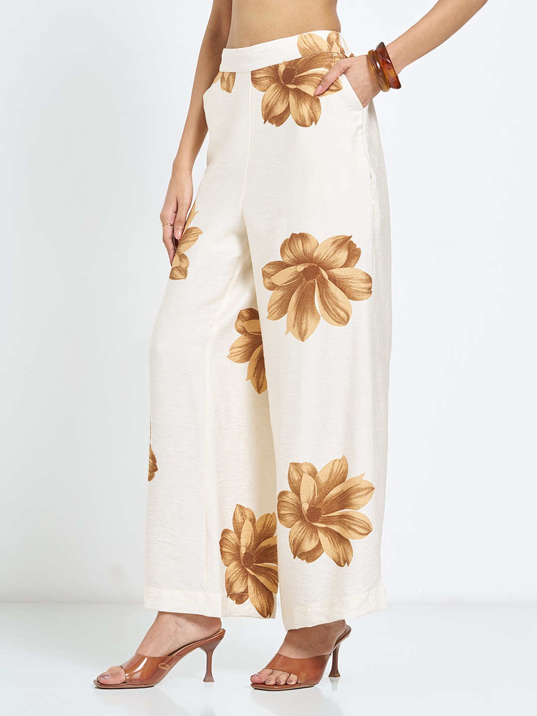 Cream Floral Wide Leg Pants