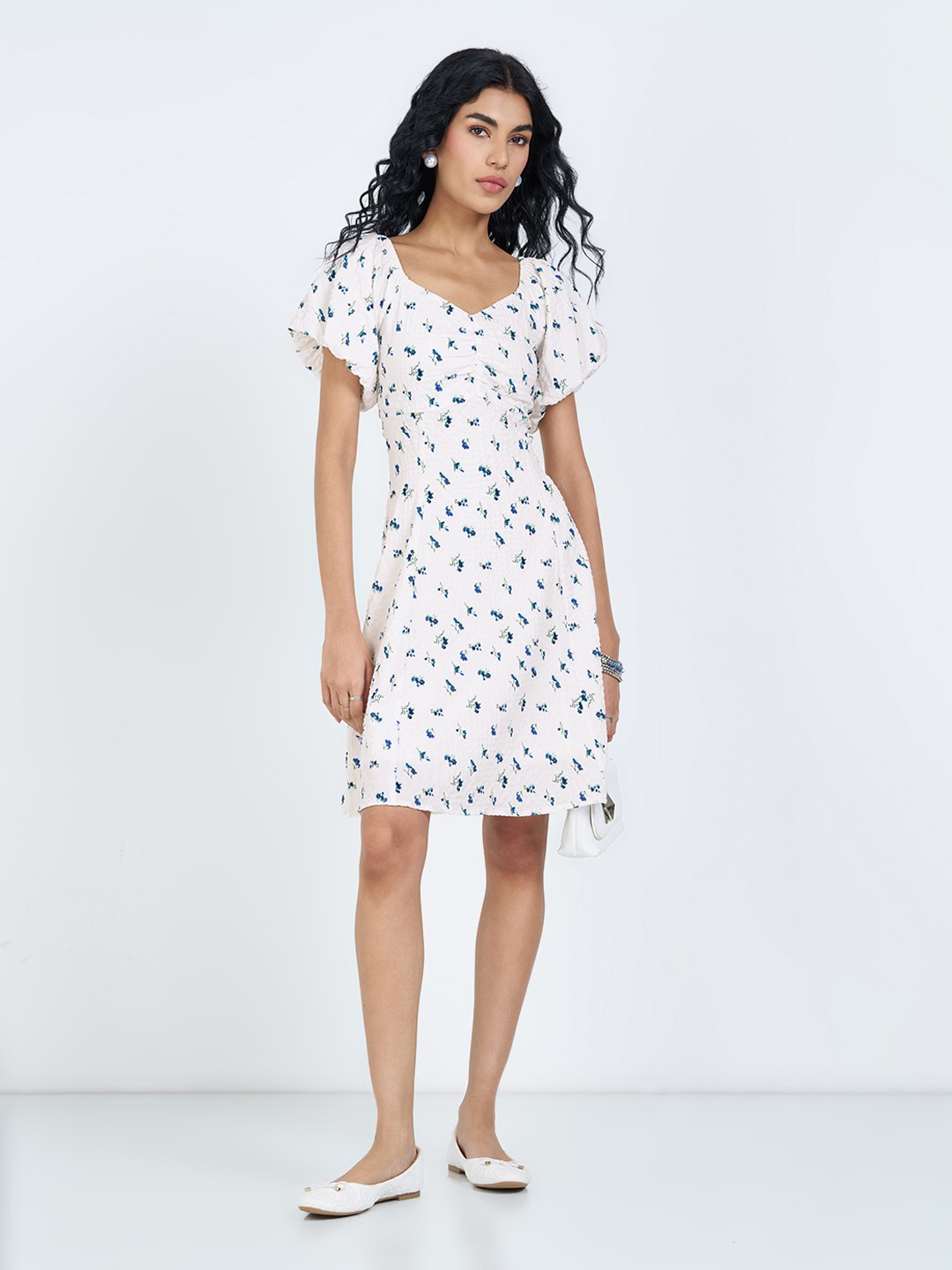 White Textured Ditsy Floral Puff Sleeve Mini Dress