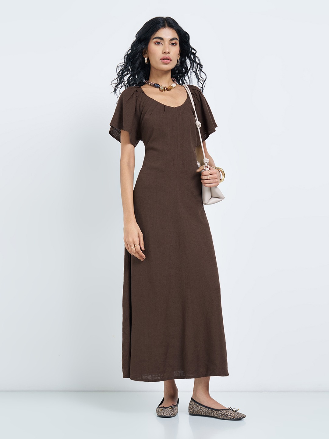 Brown Solid Lace-Up Back Maxi Dress