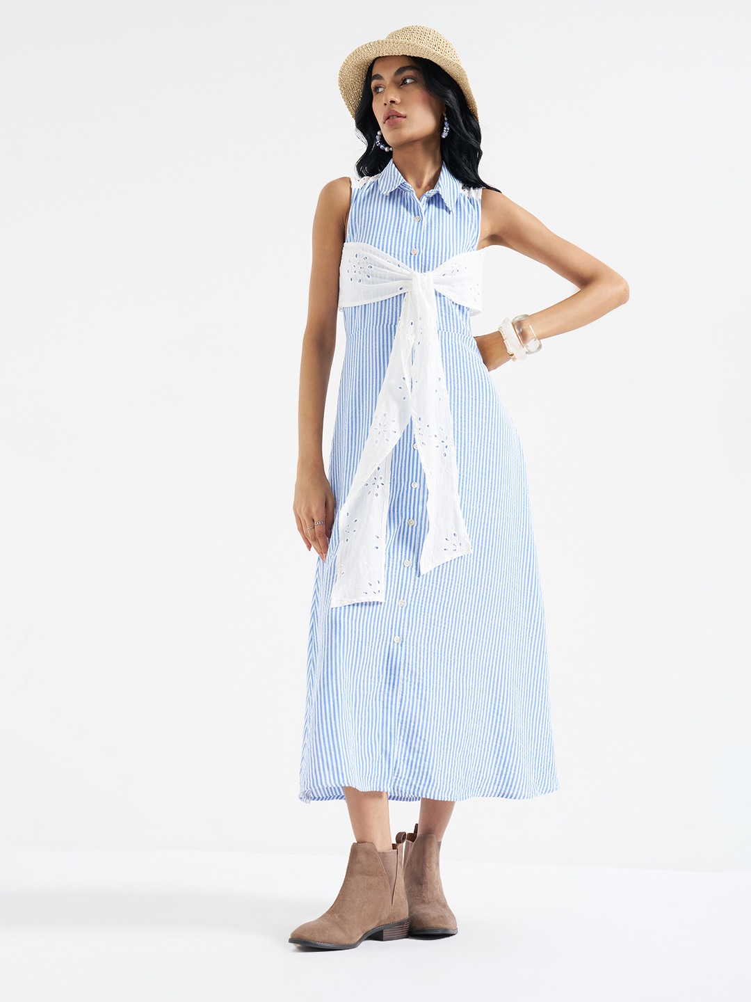 Blue Striped Sleeveless Seersucker Shirt Dress with Schiffli Overlay