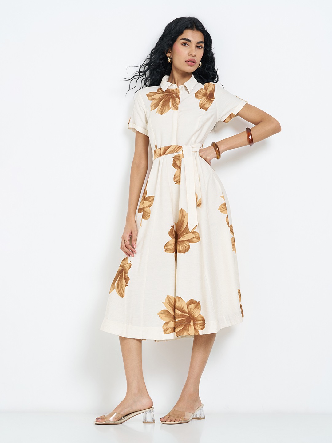Cream Floral Belted Midi Shirt Dress