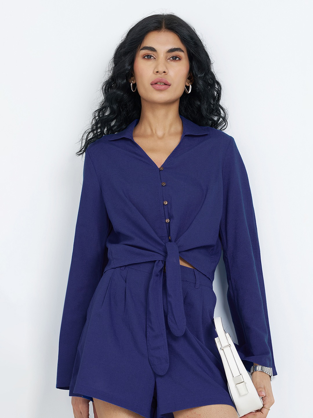 Blue Tie-Front Collared Top