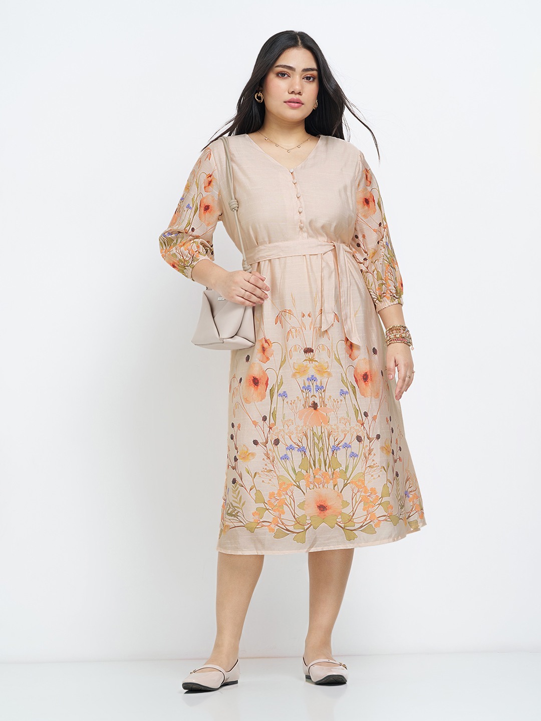 Blush Floral Print Empire-Line Midi Dress