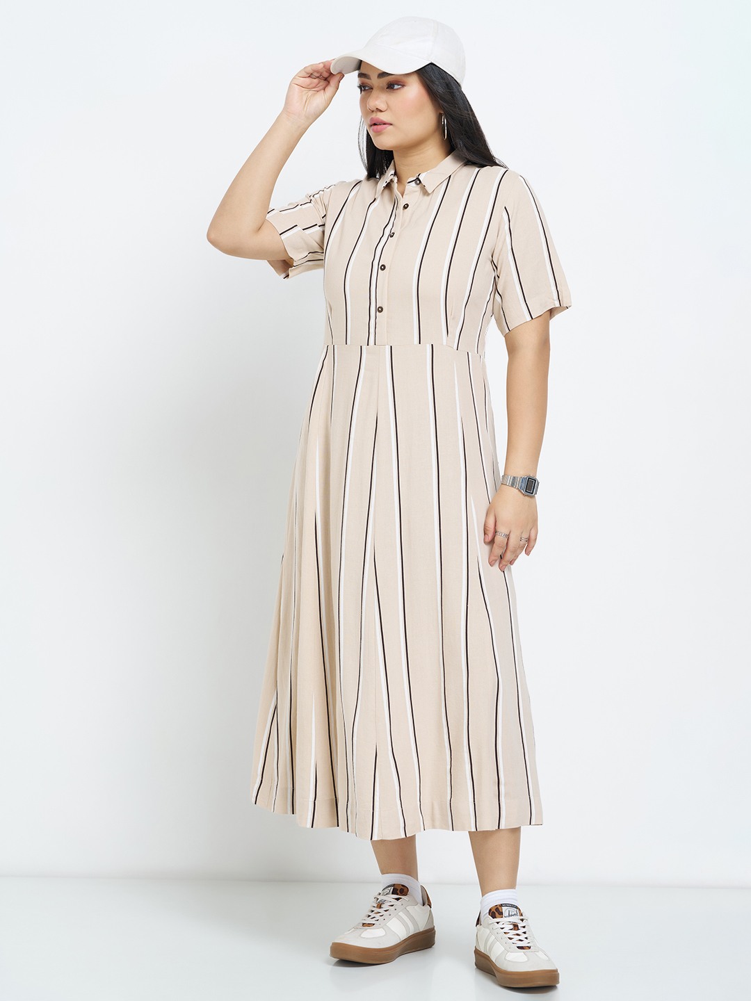 Beige Striped Midi Shirt Dress