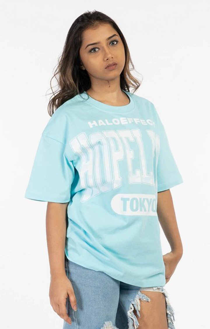 Women's Blue Cotton Hopeless Oversized T-Shirt