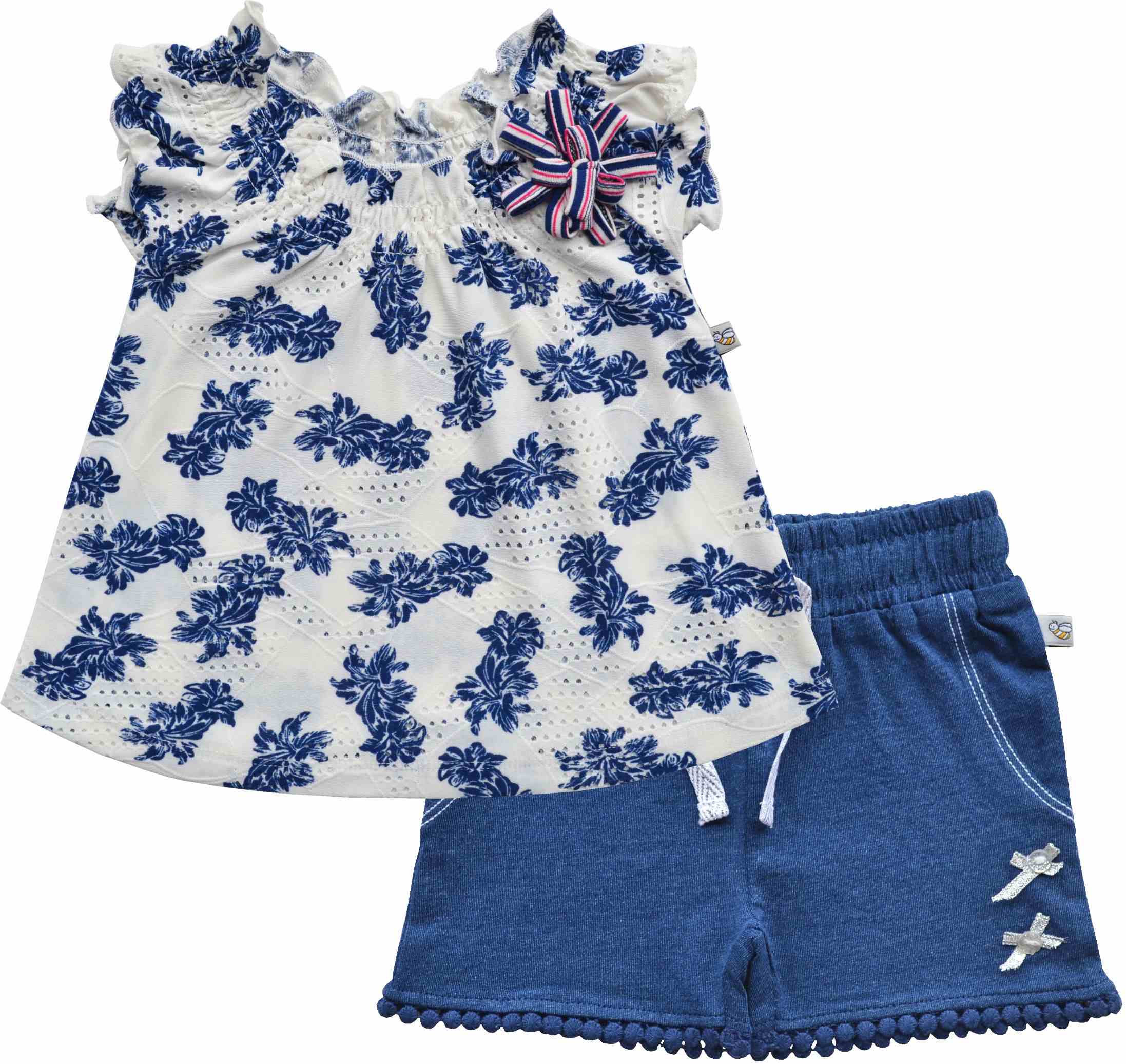 White AOP Top+Denim Shorts set