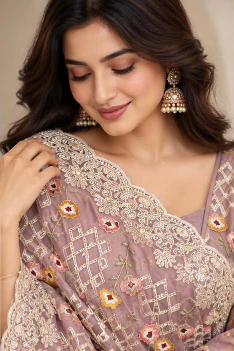 Romshay Fabrics Women's Purple Organza Fancy Embroidered Saree