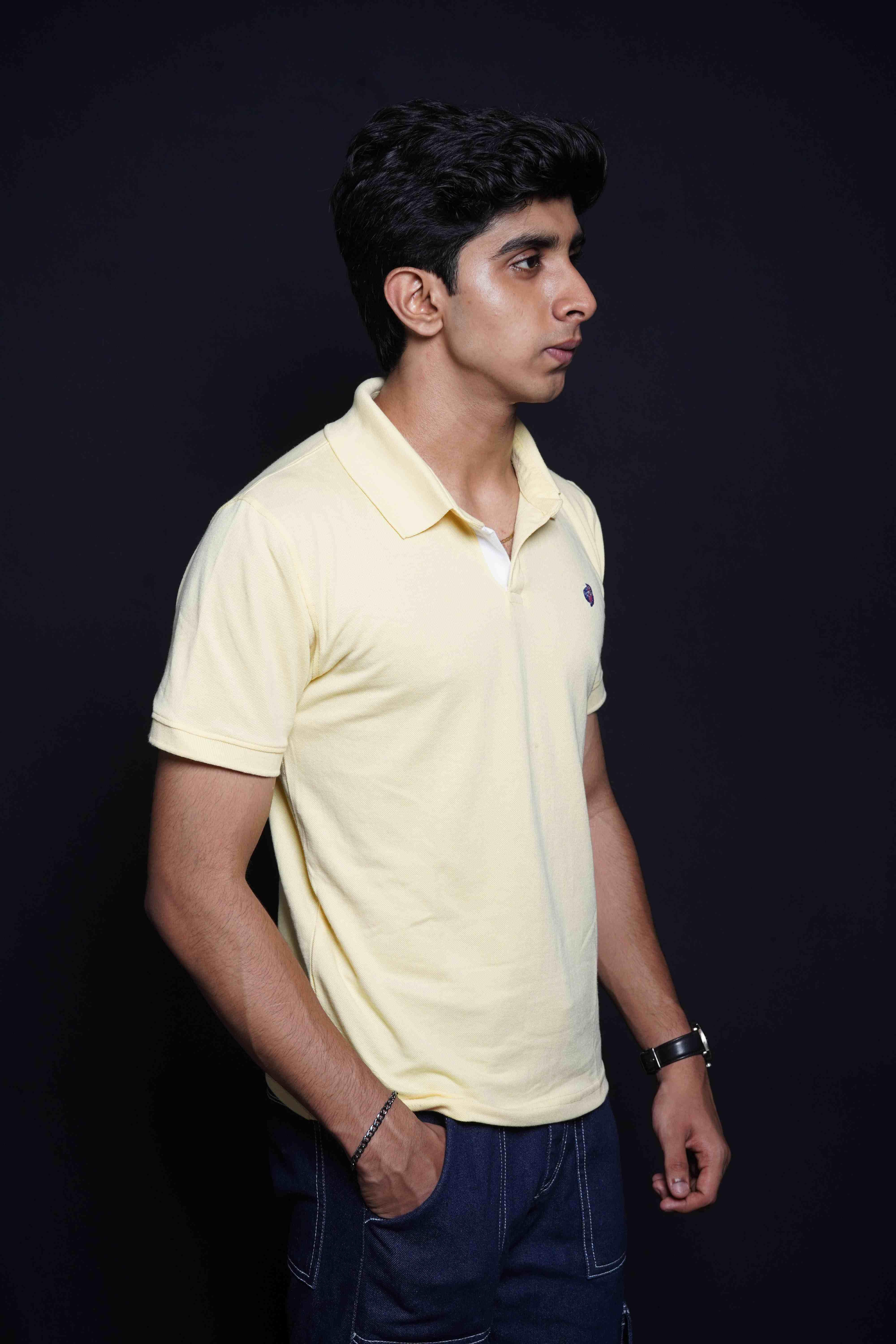 One Denim Sunny Light Yellow Plain Polo Neck Cotton T-Shirt
