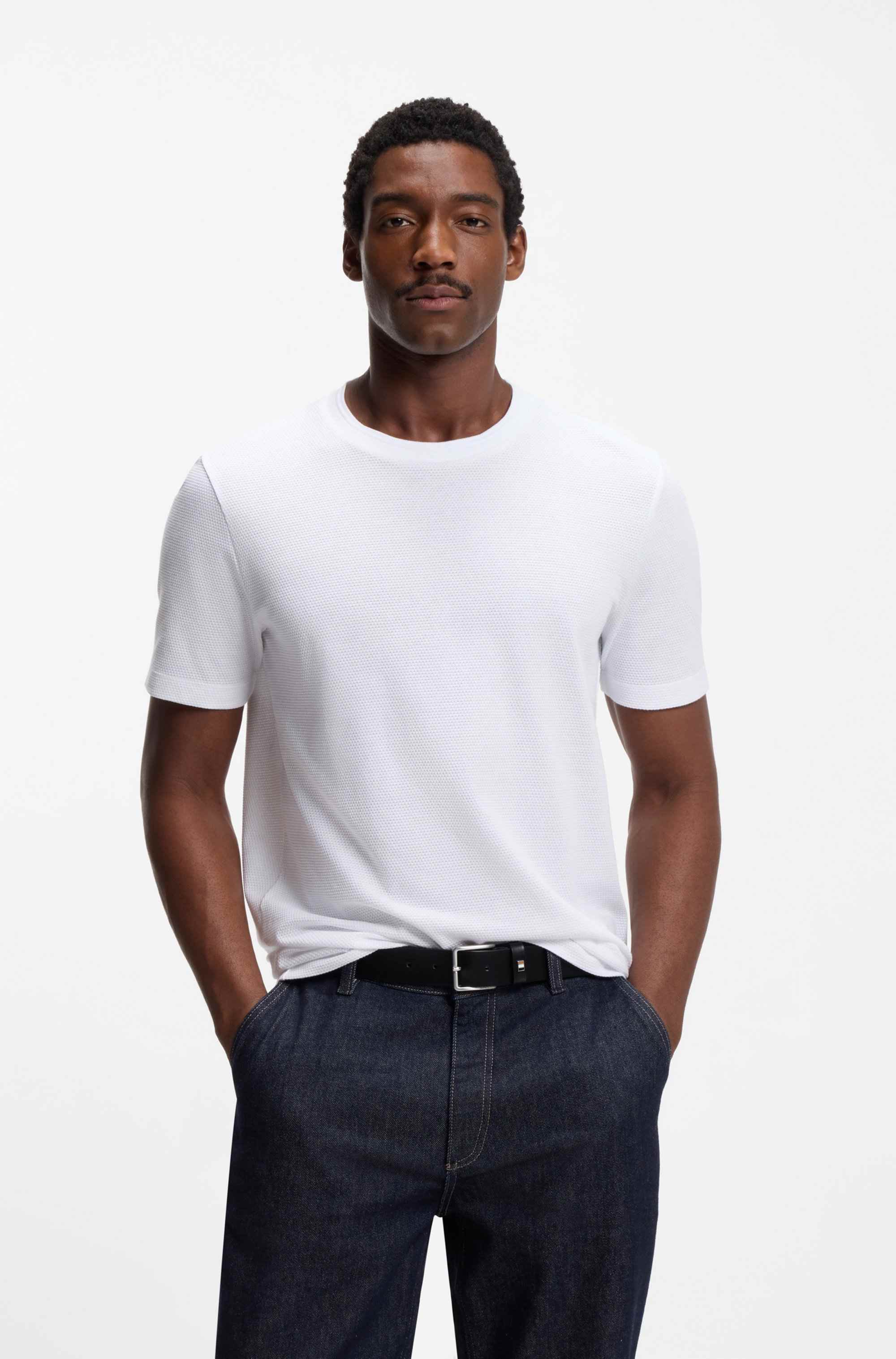 Cotton-blend T-shirt with bubble-jacquard structure