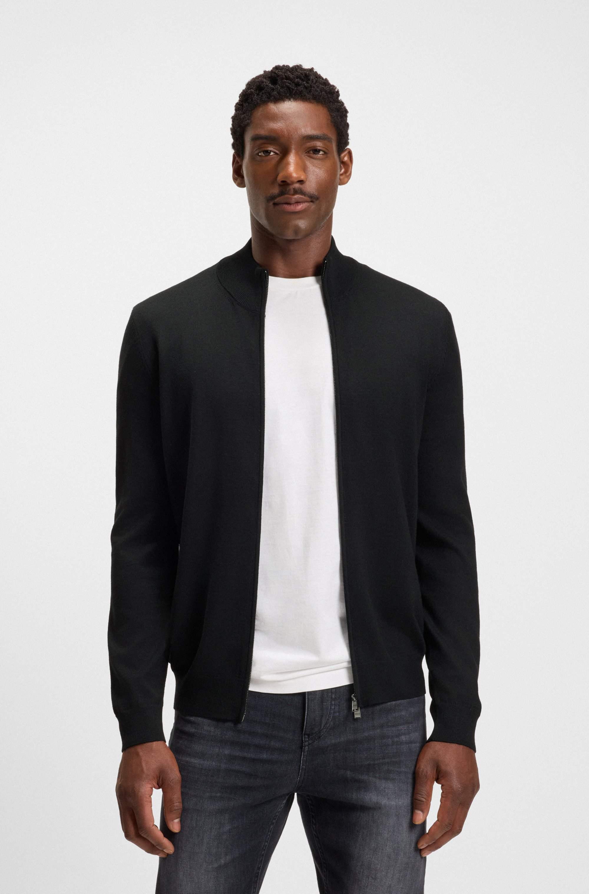 Zip-up knitted cardigan in virgin wool