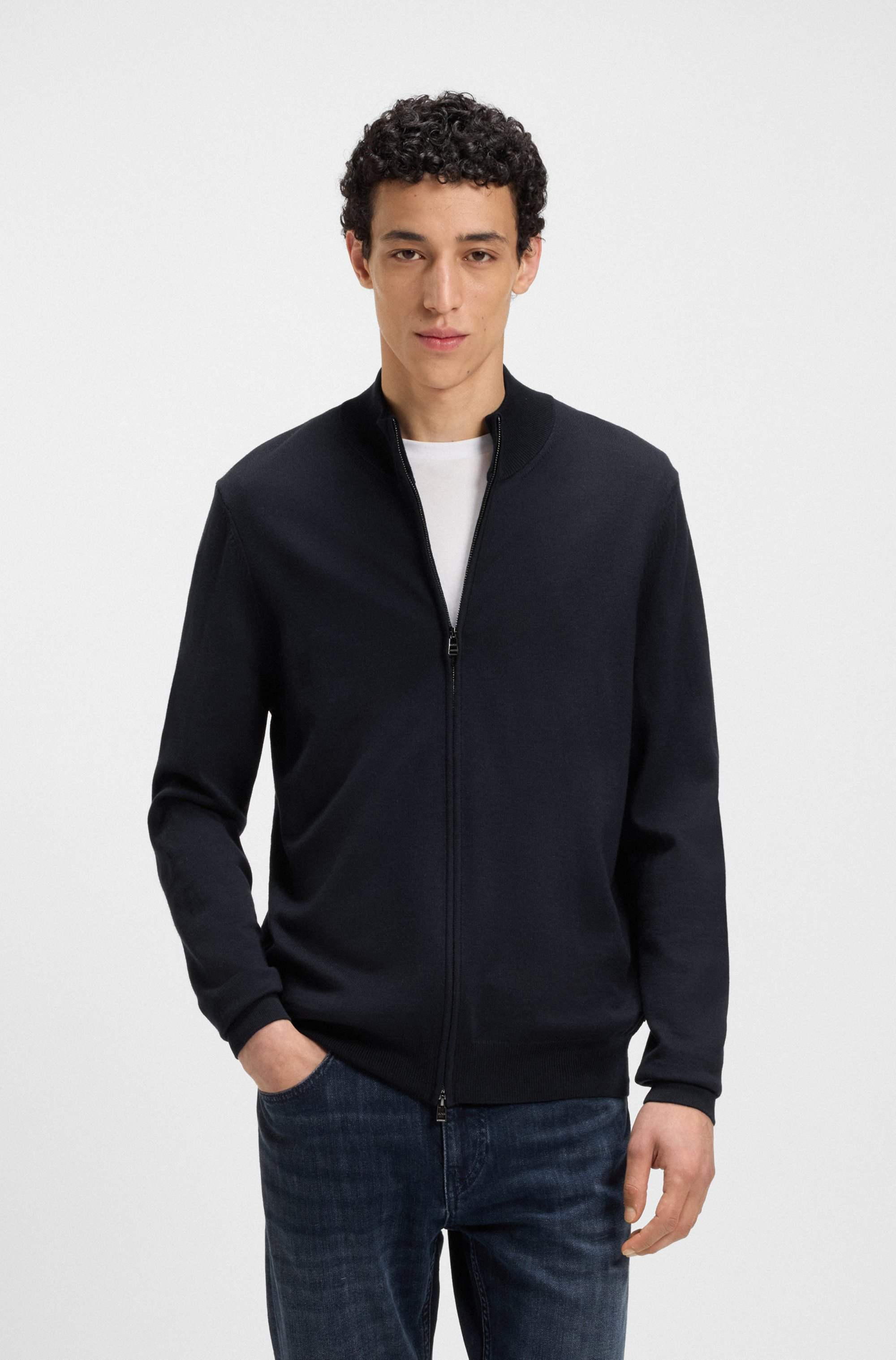 Zip-up knitted cardigan in virgin wool