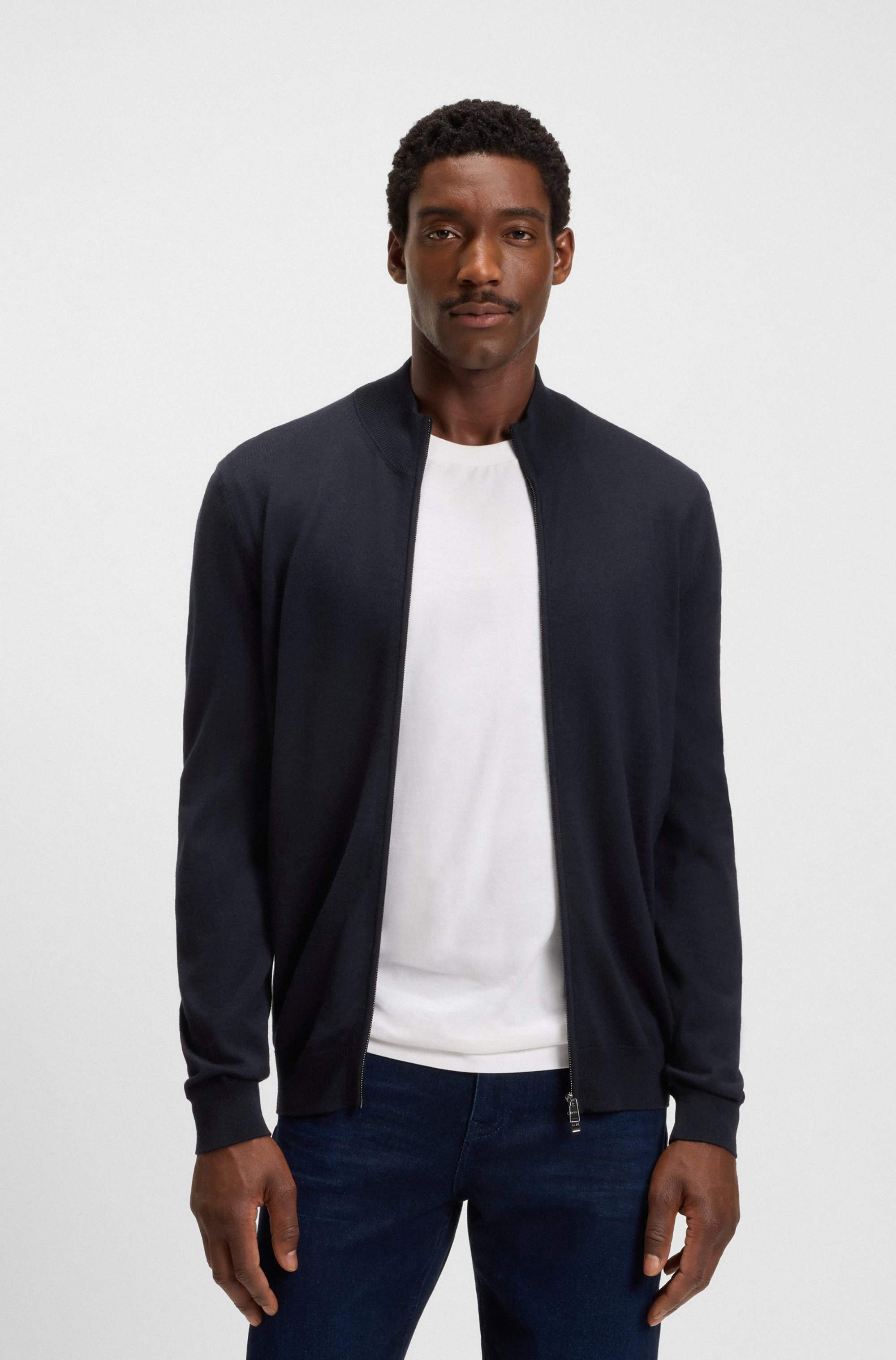 Zip-up knitted cardigan in virgin wool