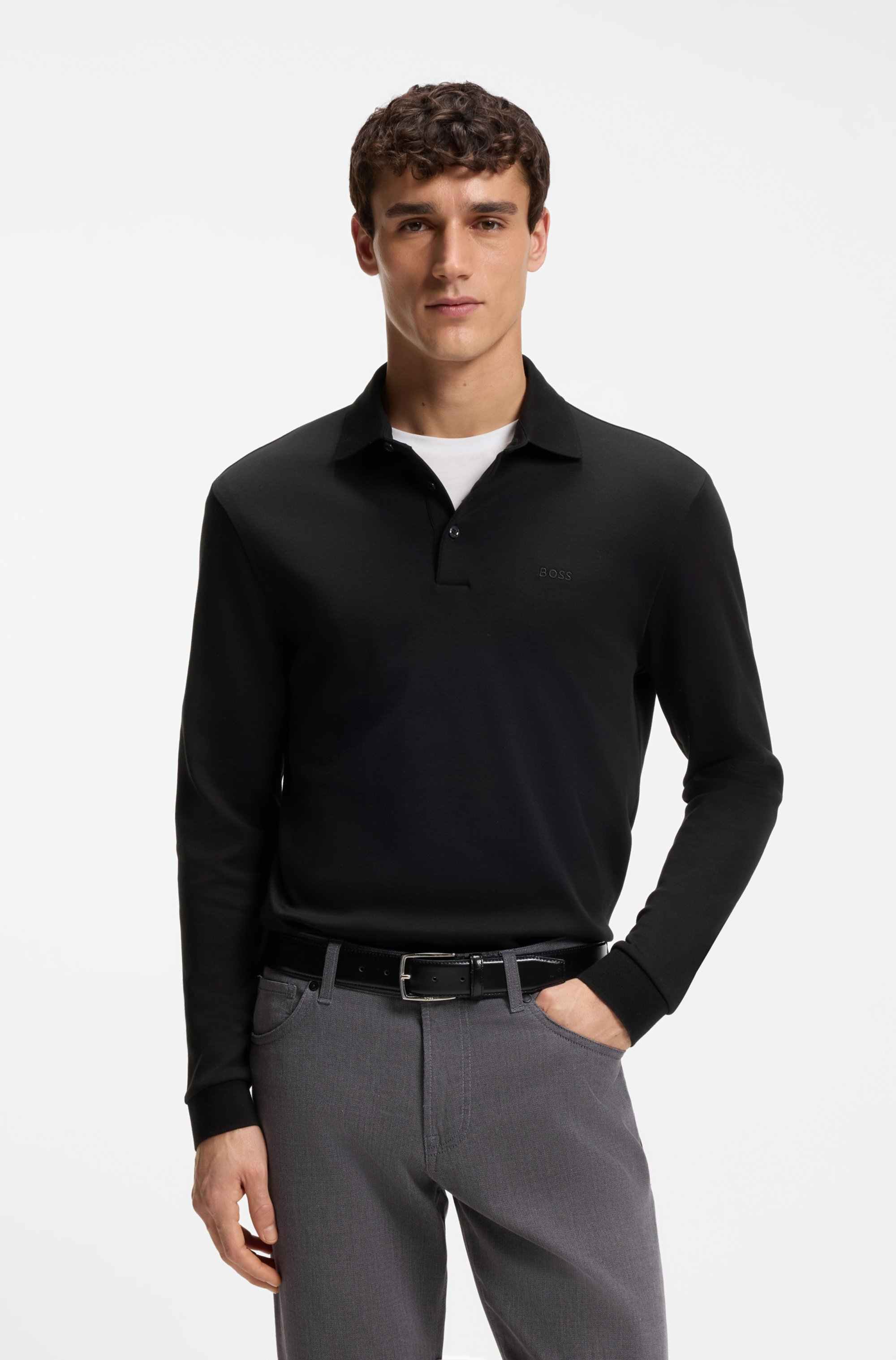Long-sleeved polo shirt in interlock cotton with logo