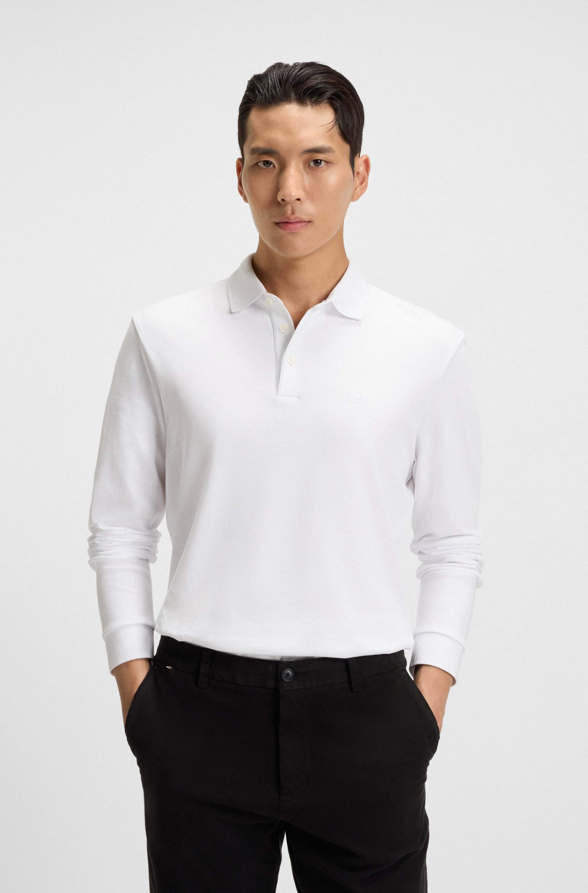 Long-sleeved polo shirt in interlock cotton with logo