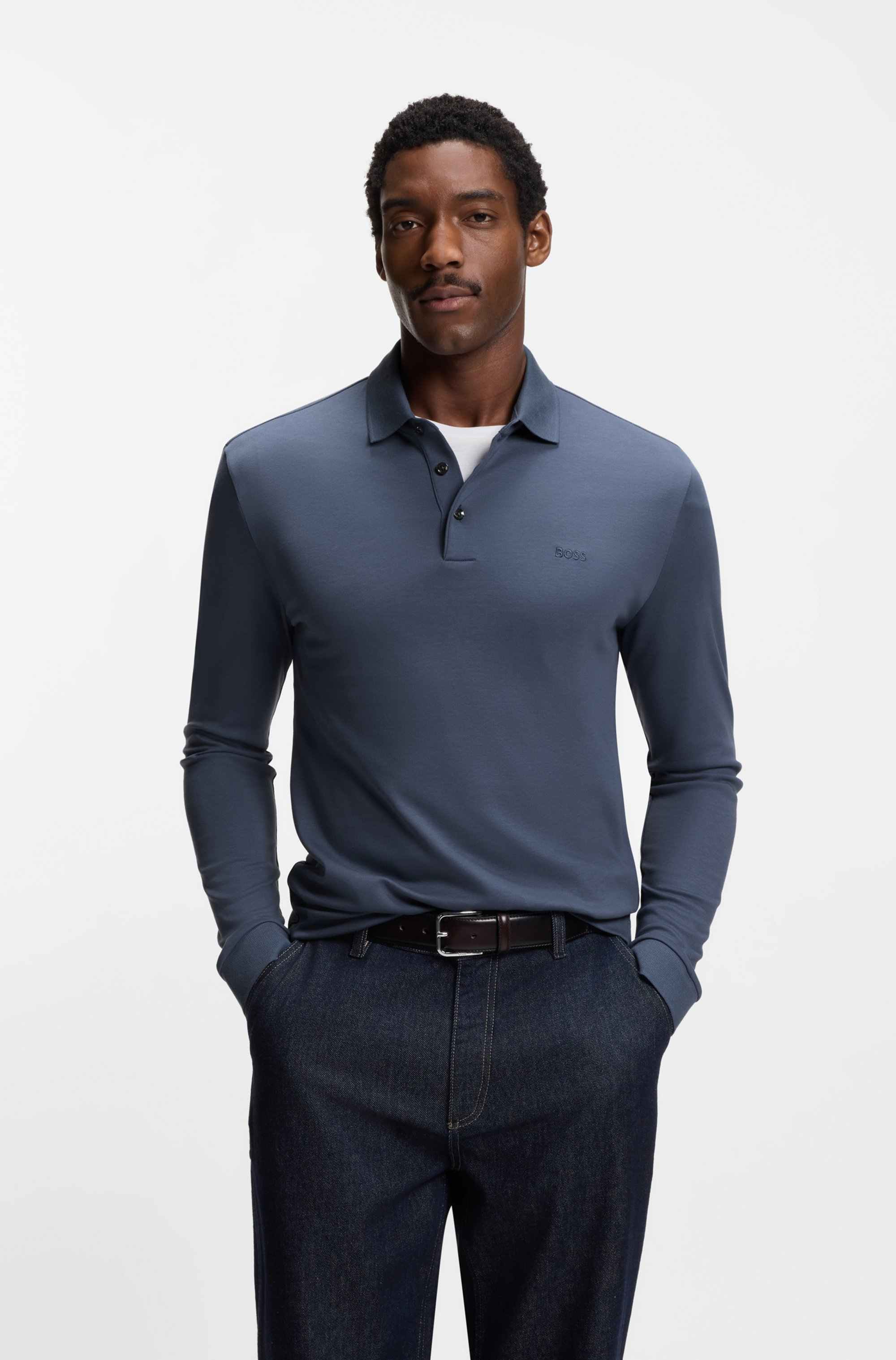 Long-sleeved polo shirt in interlock cotton with logo