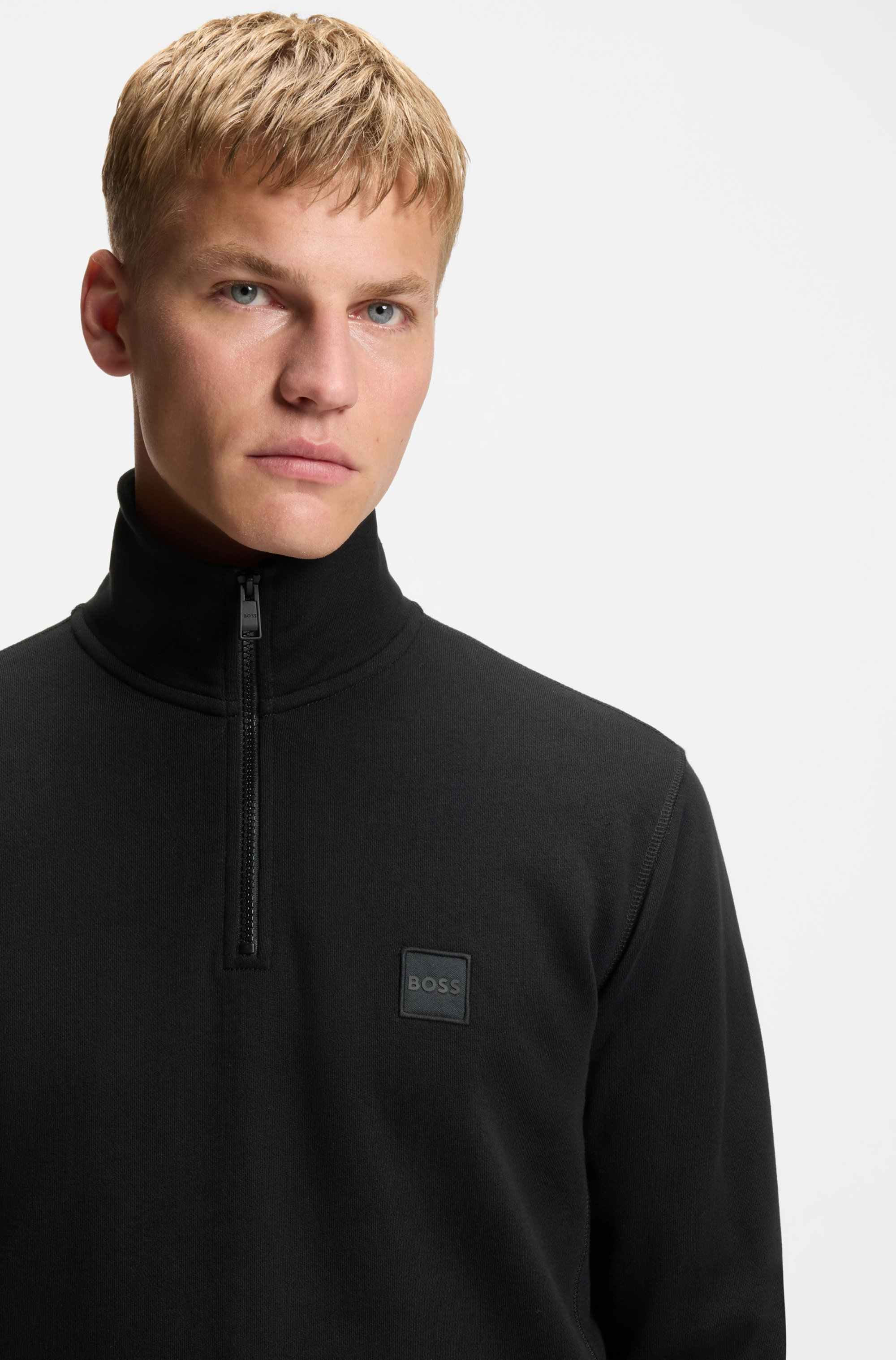 Zip-neck sweatshirt in cotton terry with logo patch