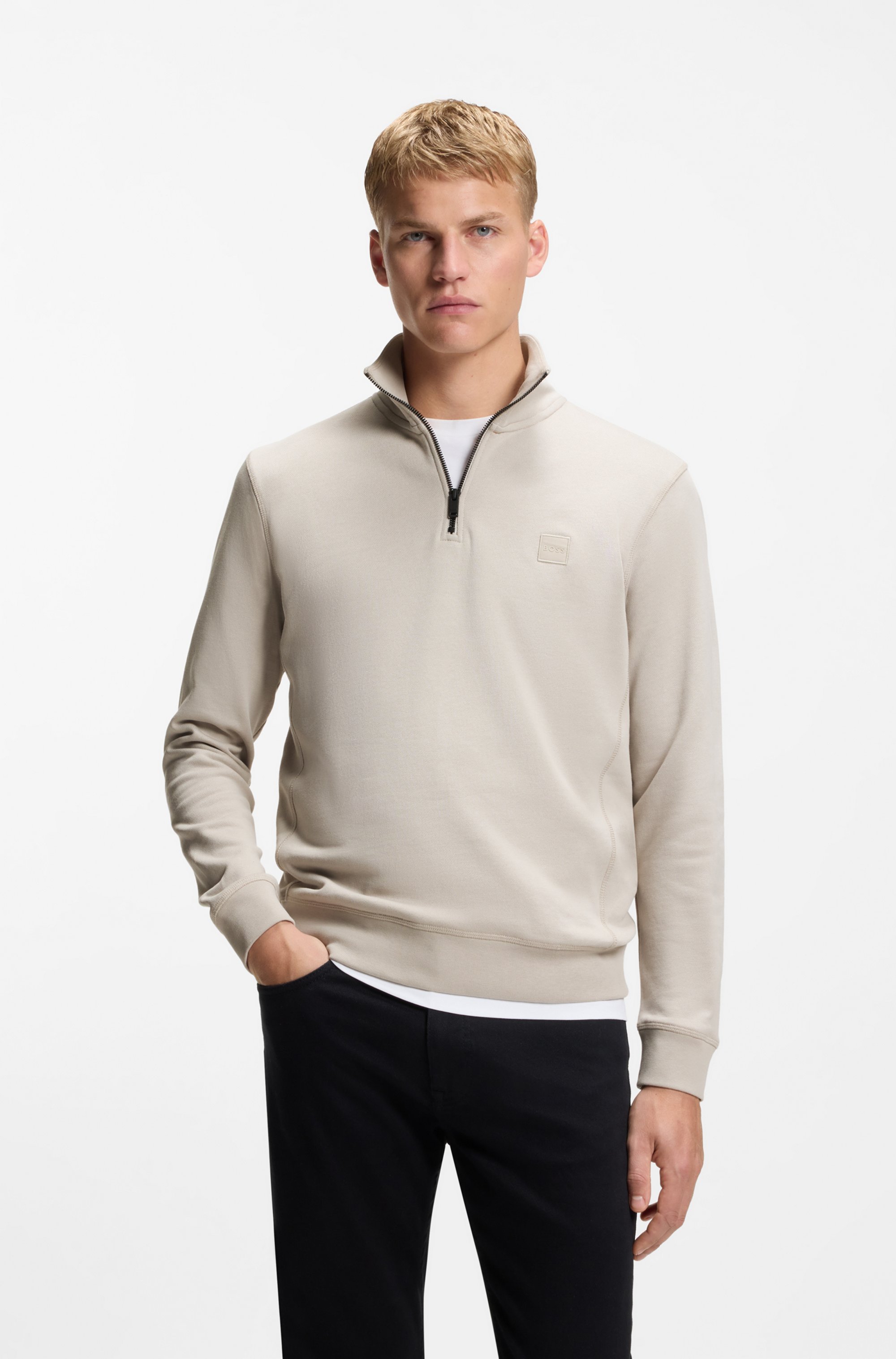 Quarter-zip cotton-terry sweatshirt with logo patch