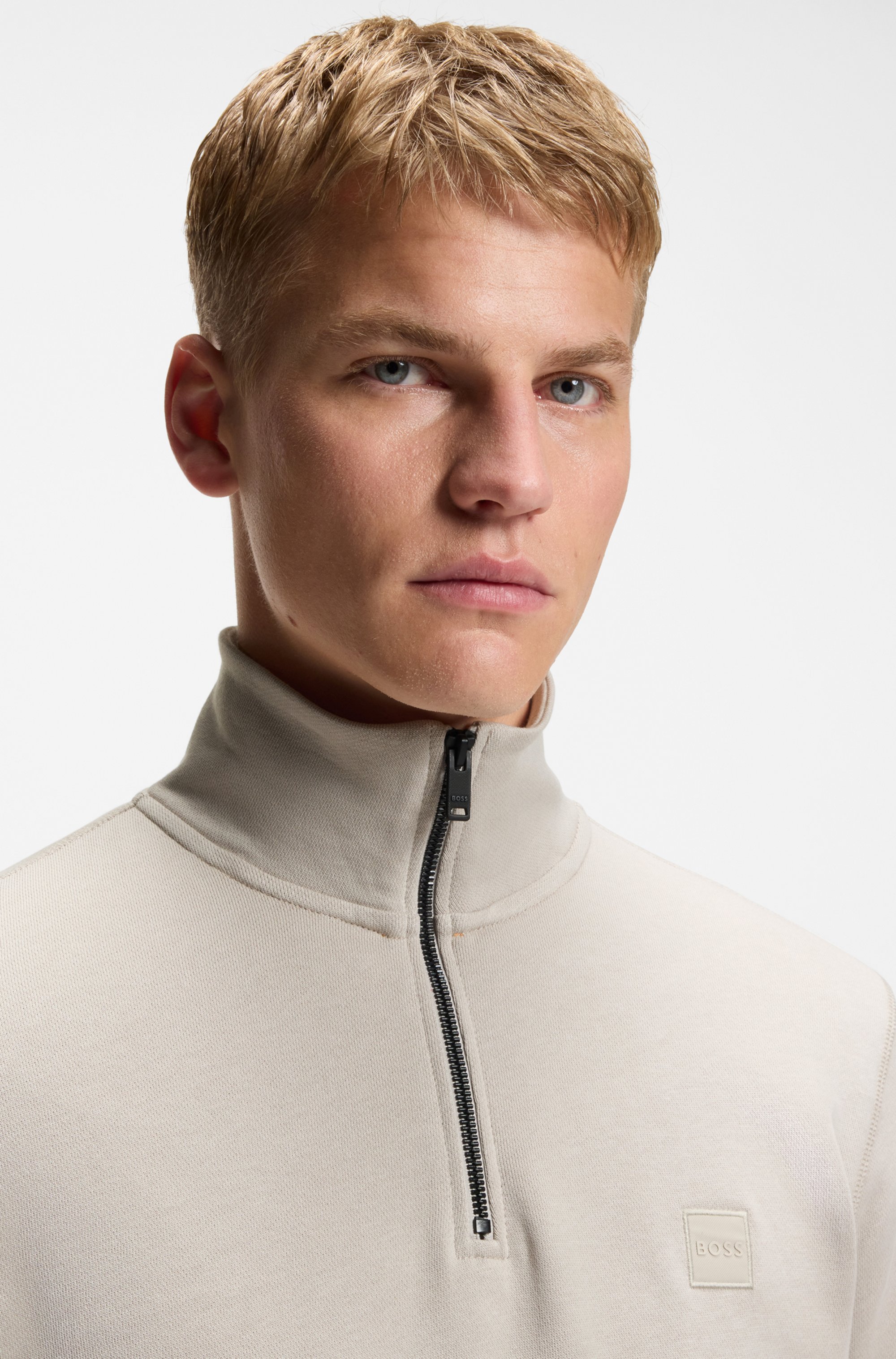 Quarter-zip cotton-terry sweatshirt with logo patch