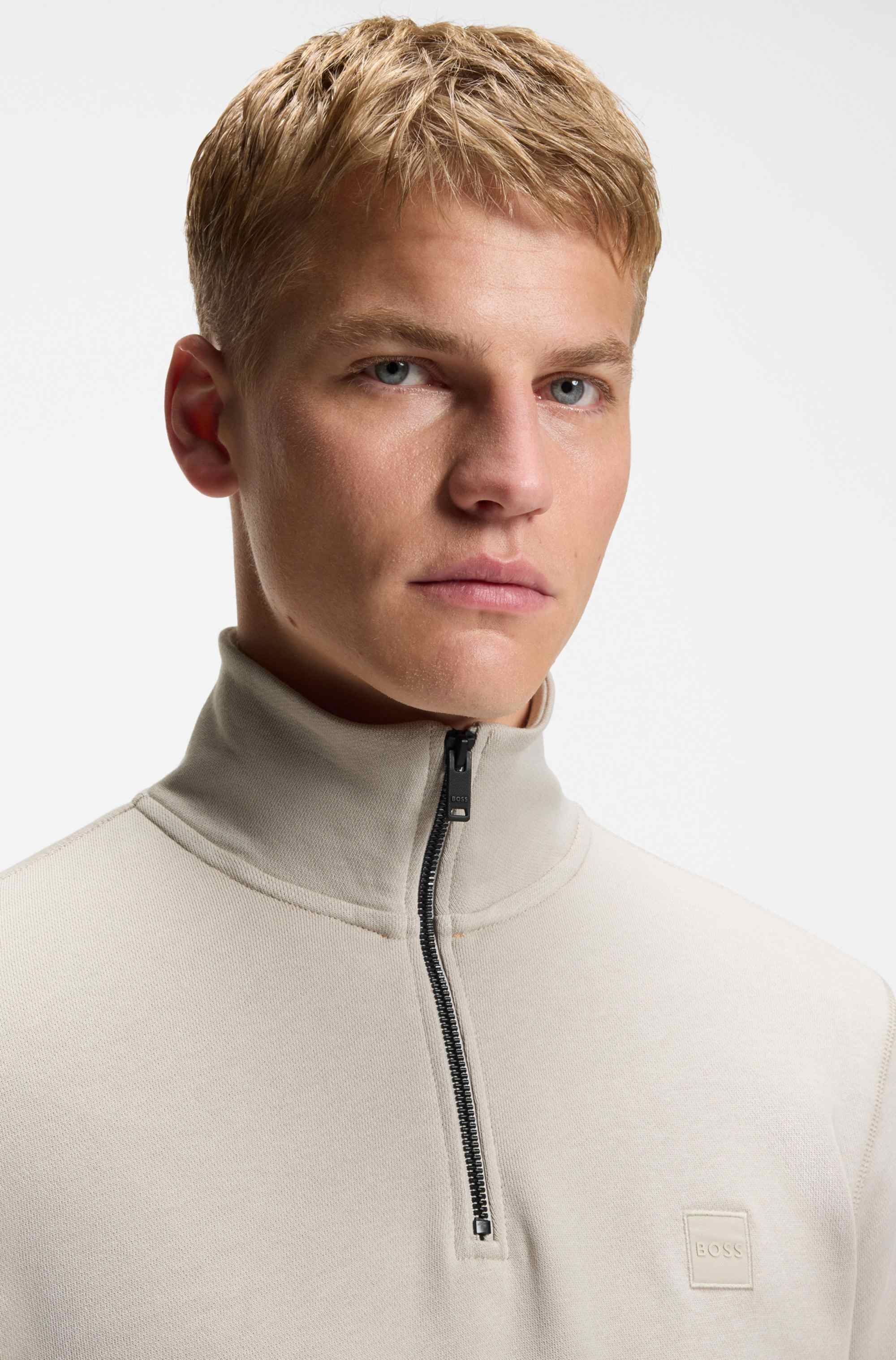 Quarter-zip cotton-terry sweatshirt with logo patch