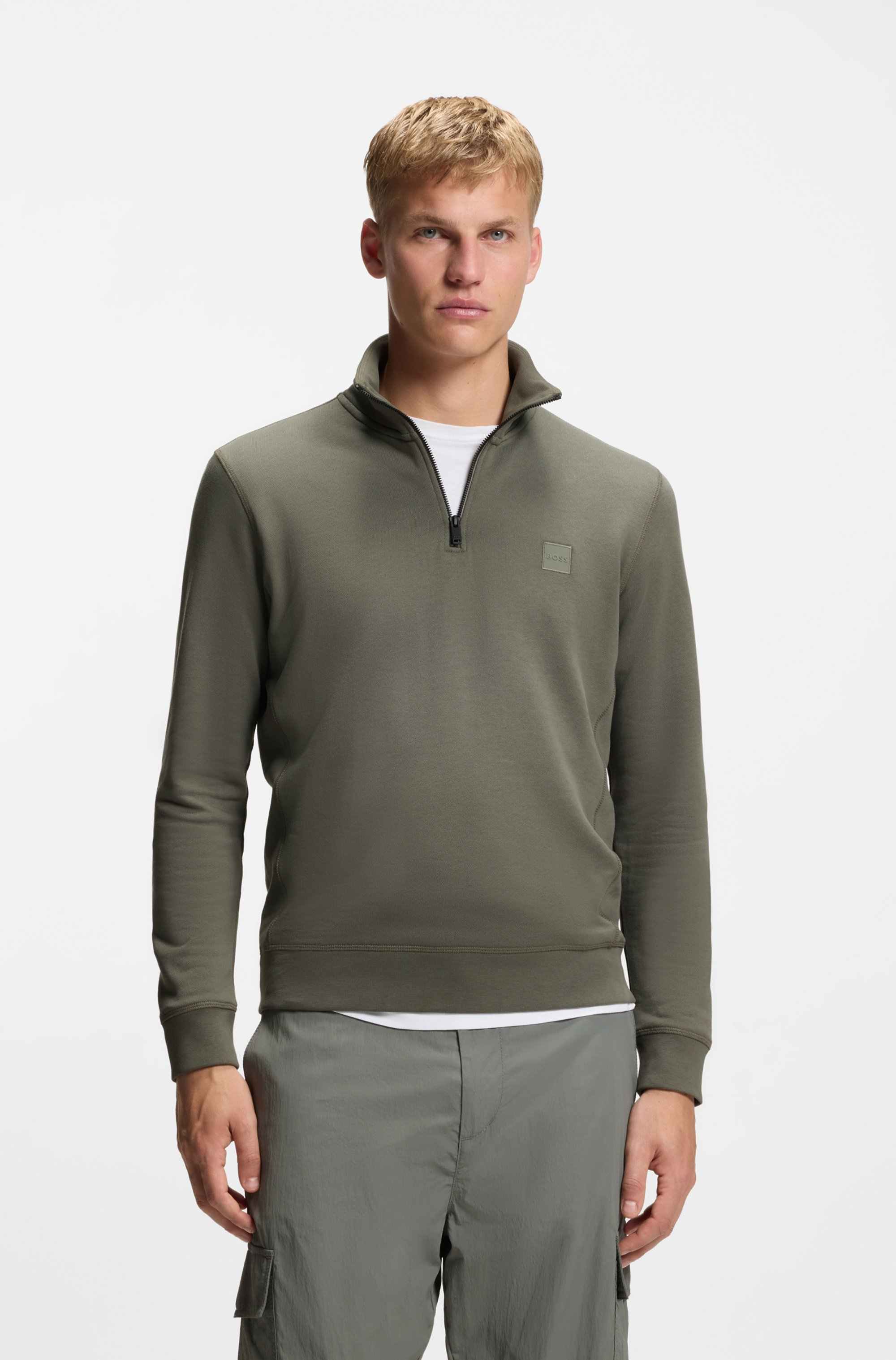 Quarter-zip cotton-terry sweatshirt with logo patch