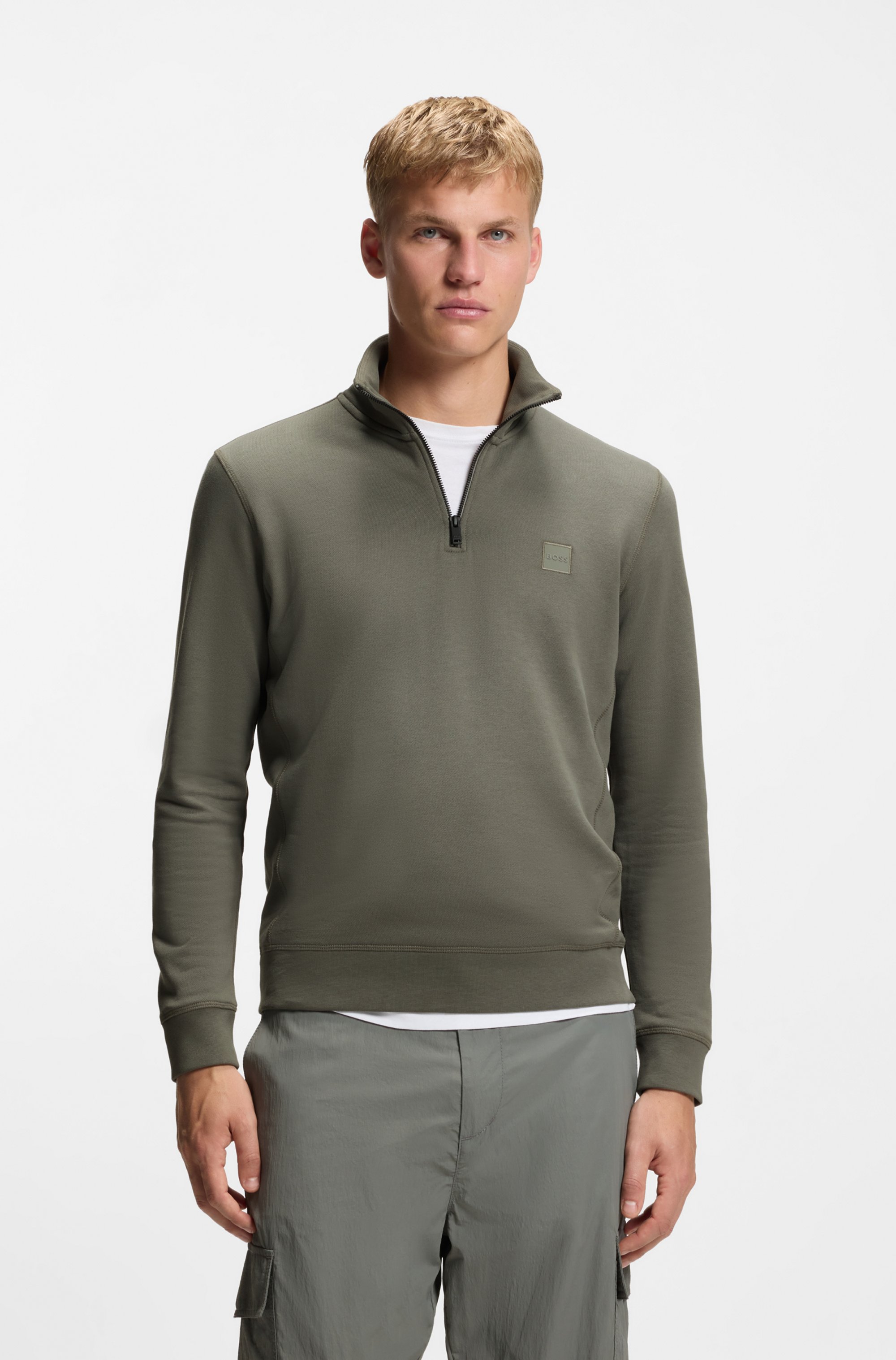 Quarter-zip cotton-terry sweatshirt with logo patch