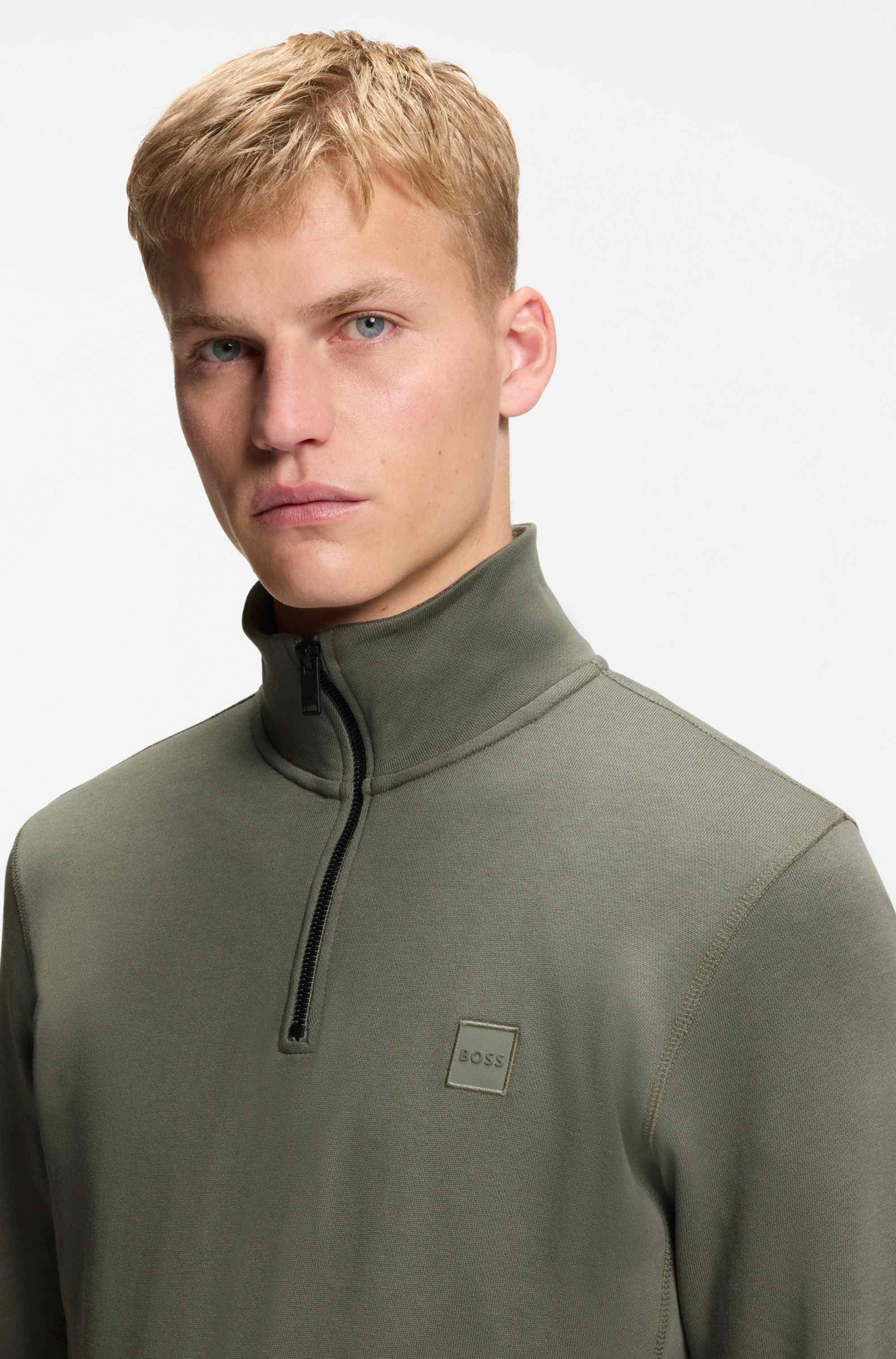 Quarter-zip cotton-terry sweatshirt with logo patch