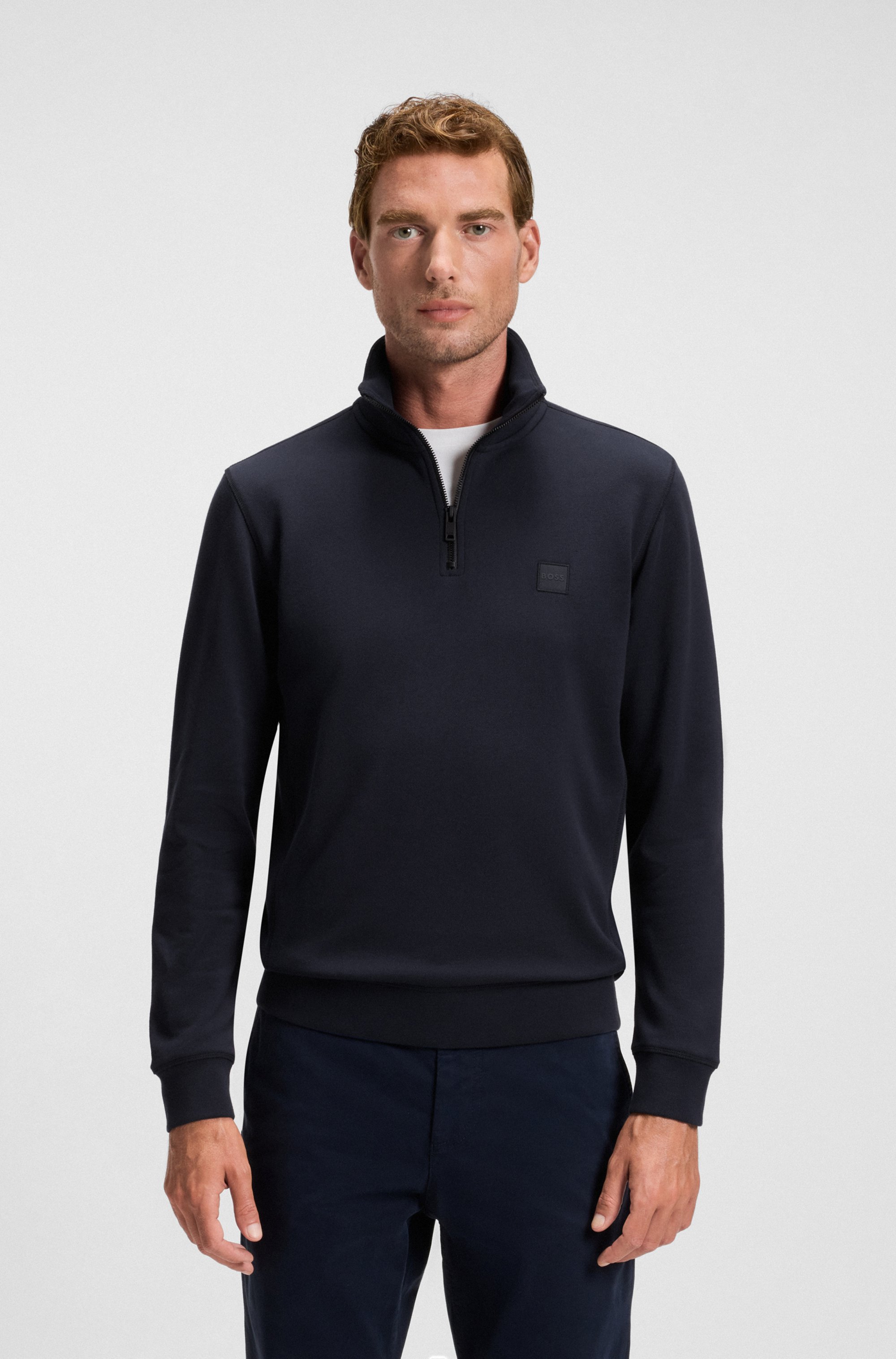 Quarter-zip cotton-terry sweatshirt with logo patch