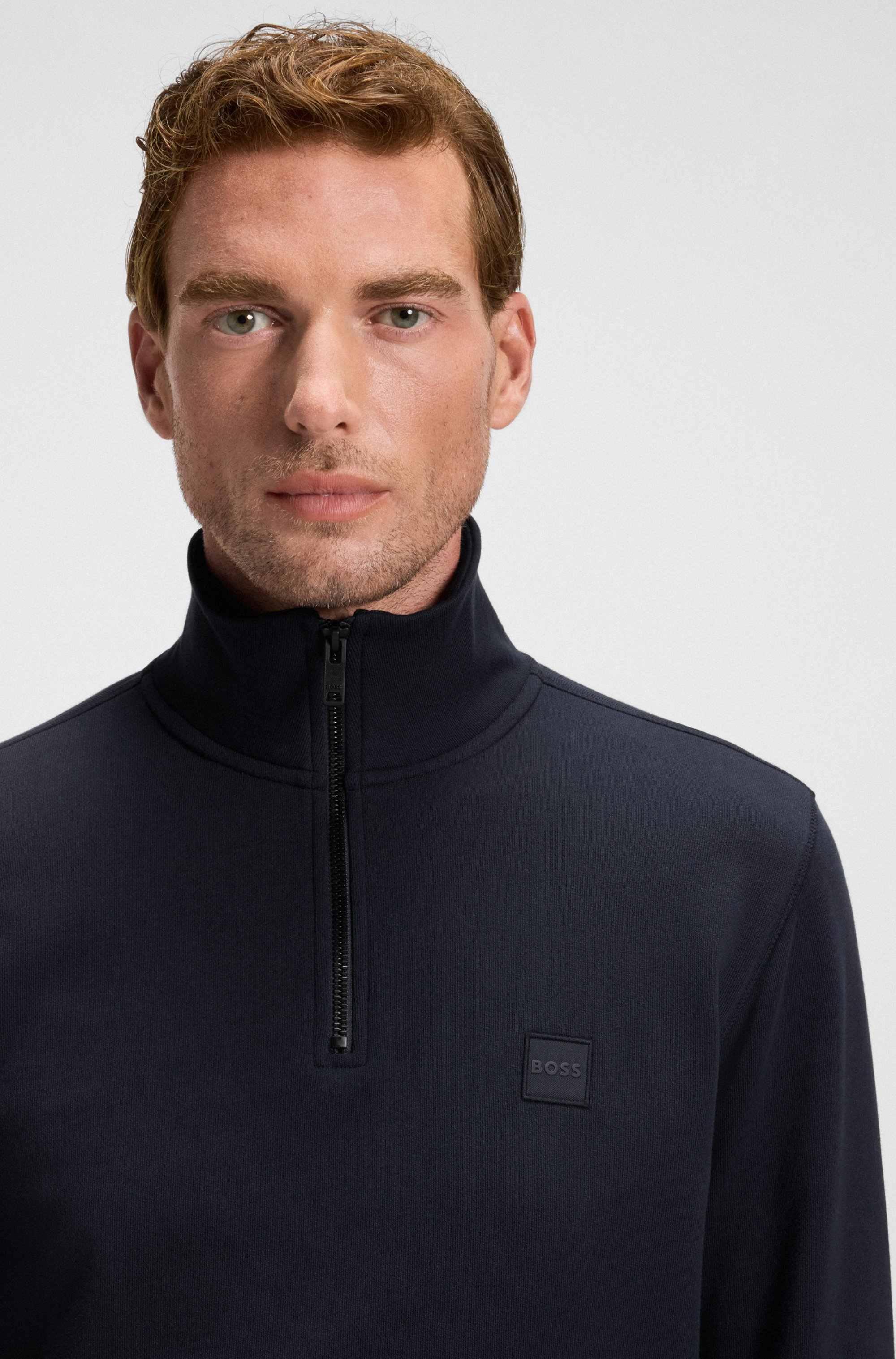 Quarter-zip cotton-terry sweatshirt with logo patch