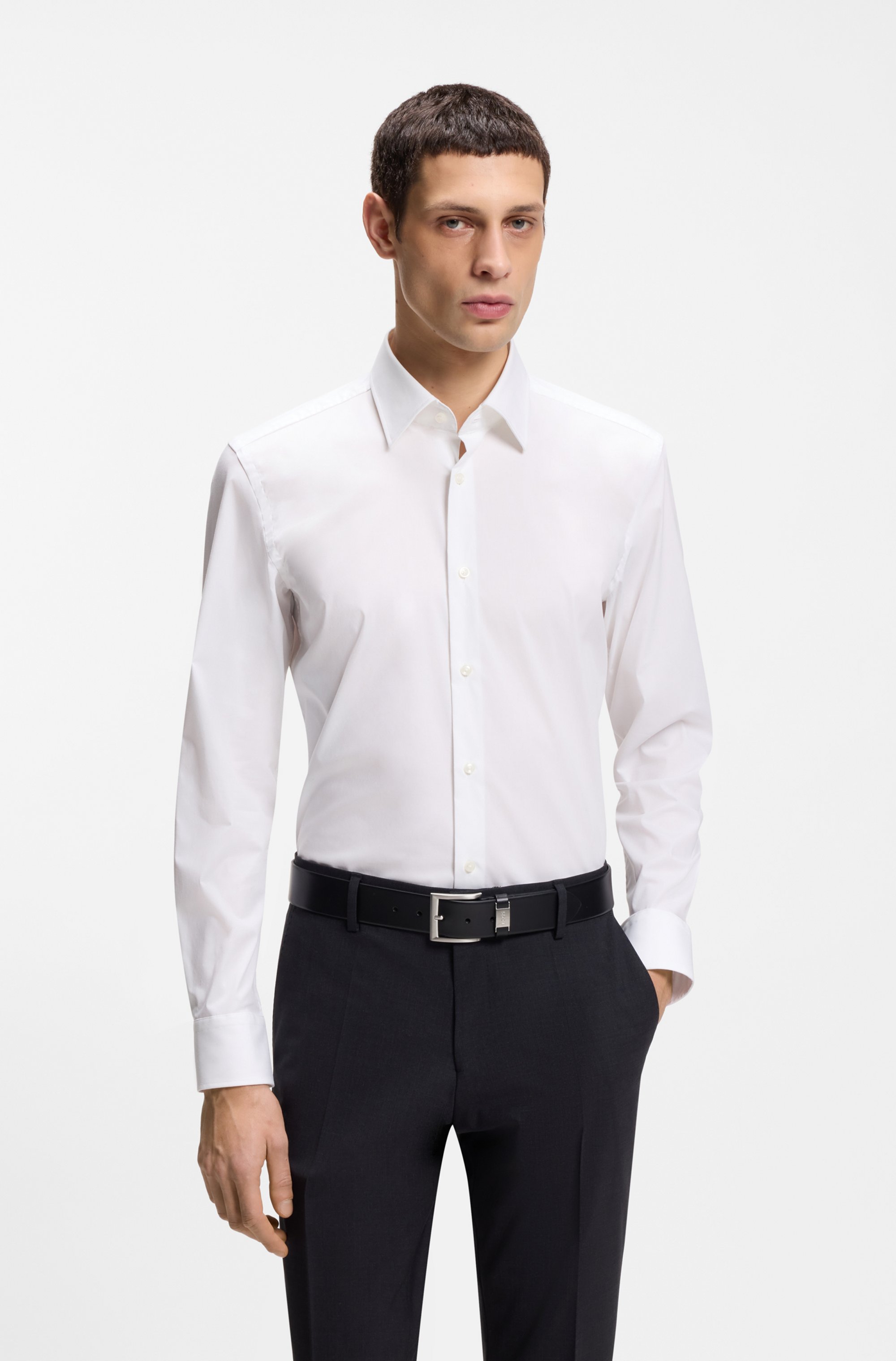 Slim-fit shirt in easy-iron stretch-cotton poplin