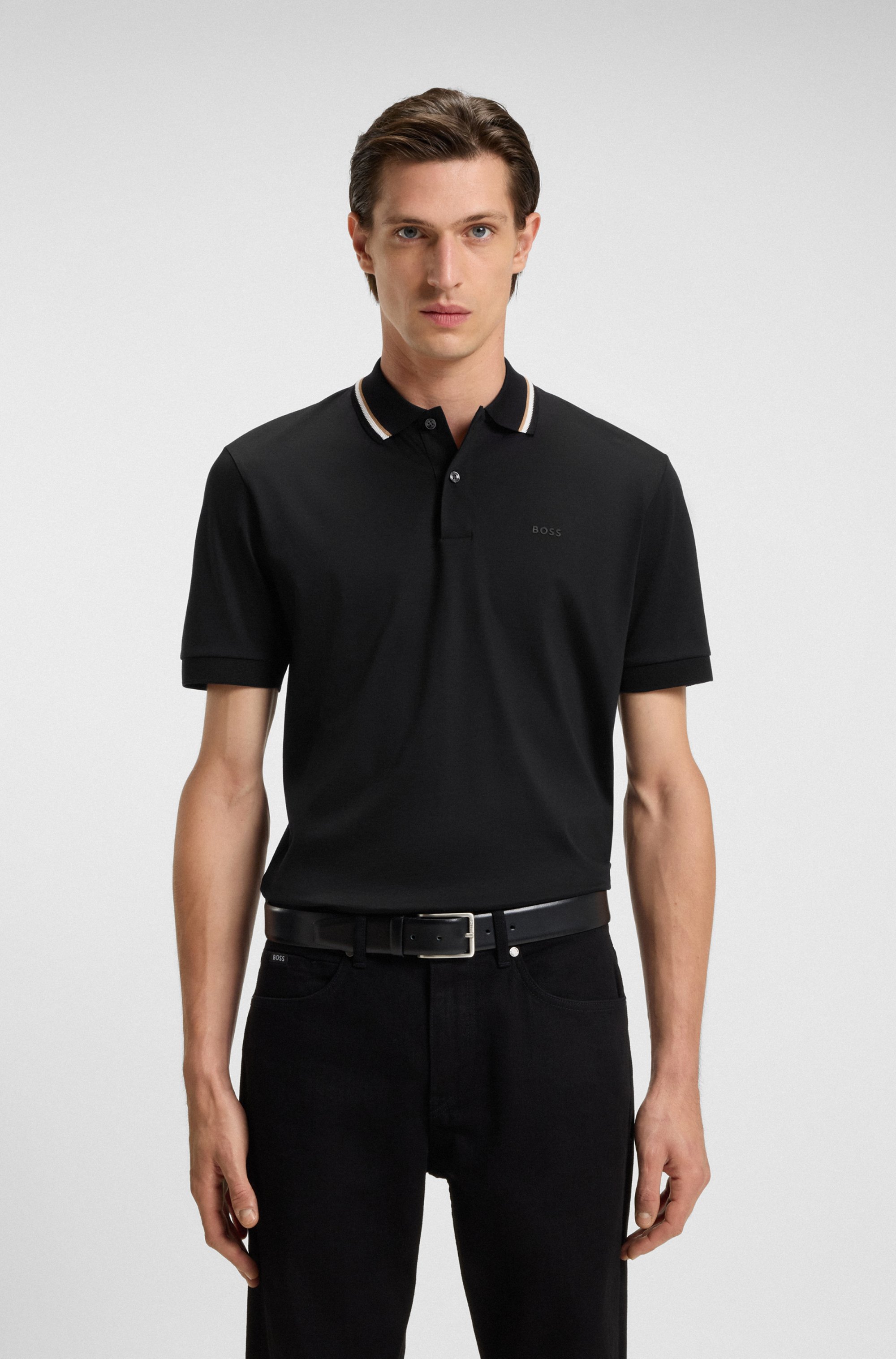 Slim-fit polo shirt in cotton with striped collar