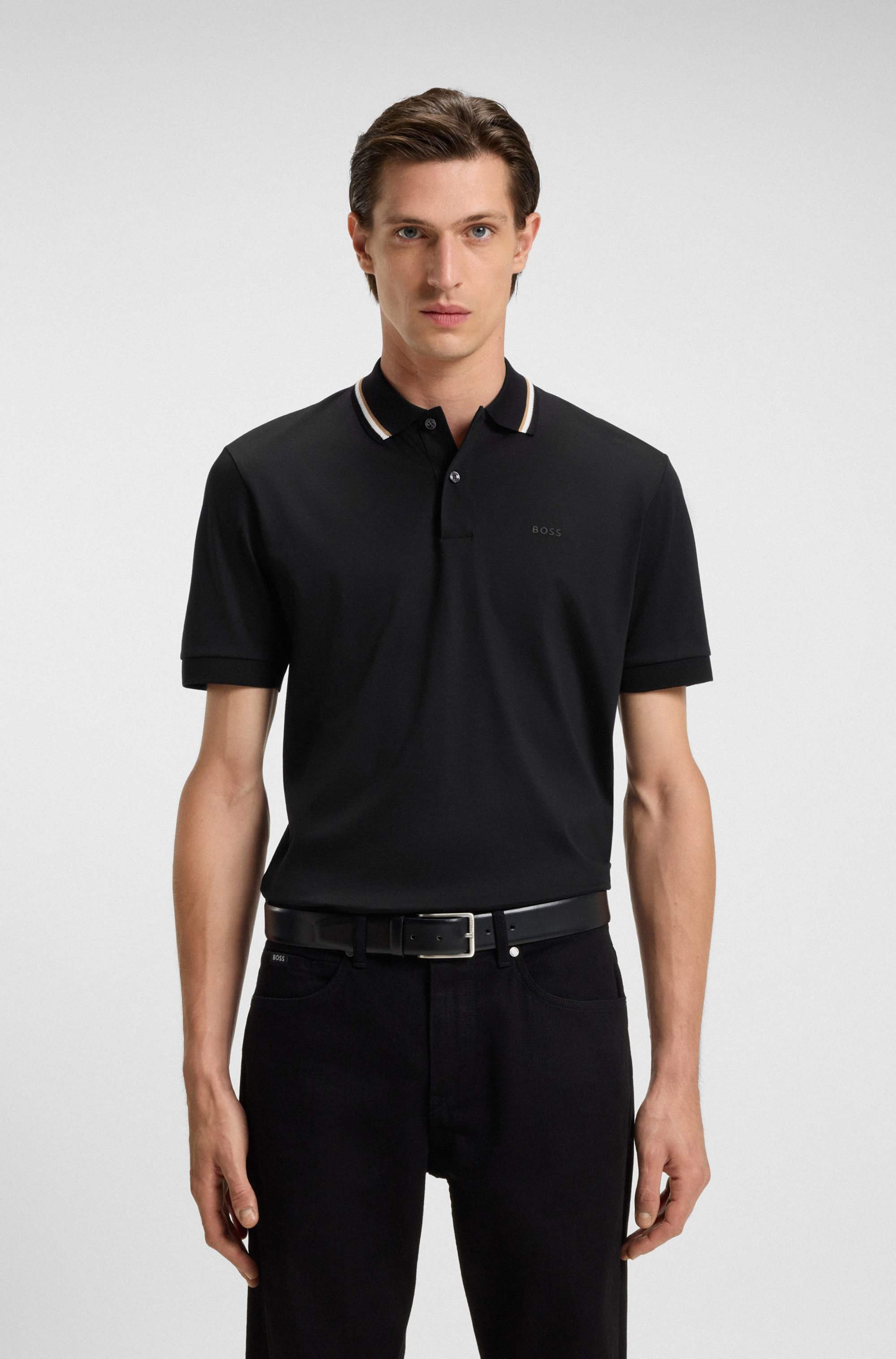 Slim-fit polo shirt in cotton with striped collar