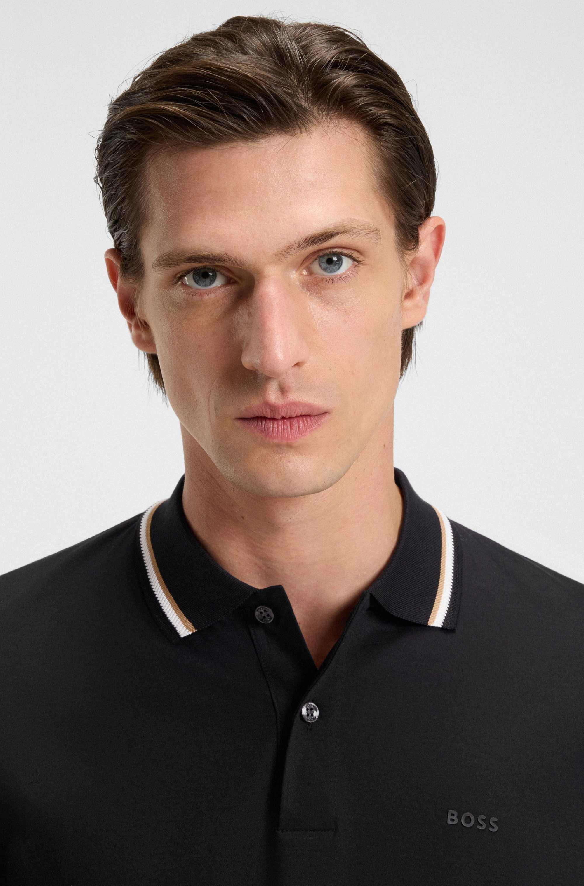 Slim-fit polo shirt in cotton with striped collar