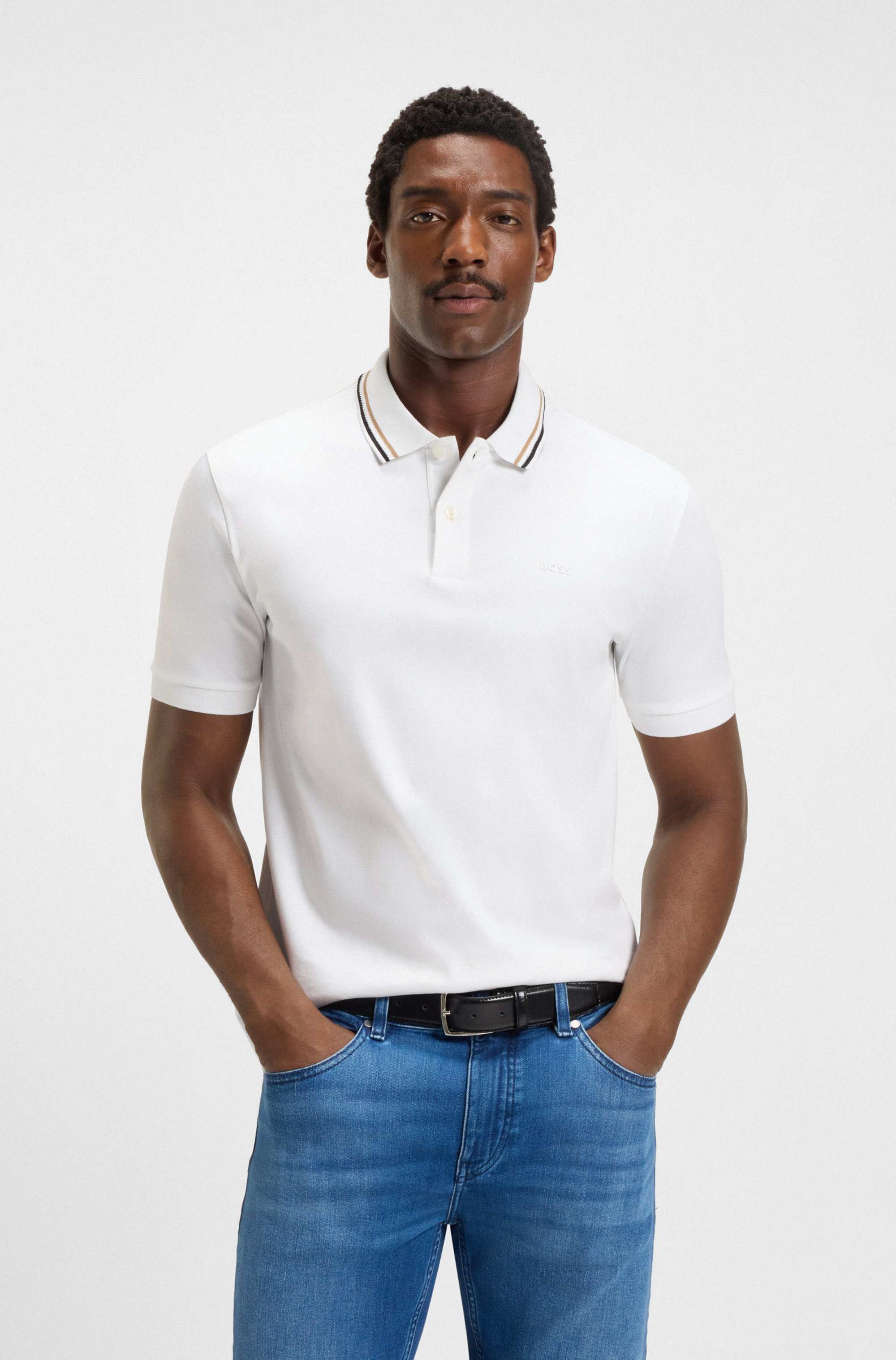 Slim-fit polo shirt in cotton with striped collar